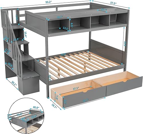 Miniatura 2 de Litera individual sobre matrimonial con estantes de almacenamiento integrados y 2 cajones litera de escalera para dormitorio de niños hogar litera