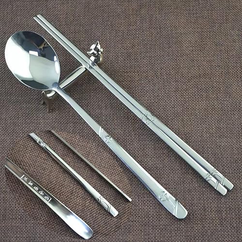 Miniatura 7 de YAPULLYA Juego de palillos y cucharas de metal coreano, reutilizables, de acero inoxidable, con mano larga, juego de 3 (trébol de la suerte)