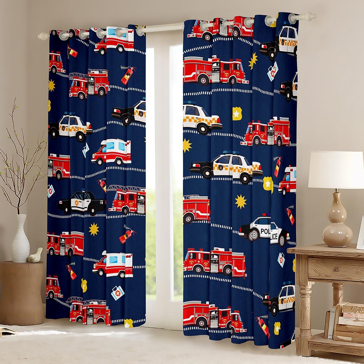 Fire Truck Car Darkening Drapes Firefighter Curtains Bedroom Living Room Police Car 30%-50% Blackout Curtains Kids Boys Girls Ambulance Window Treatments Firemen Car Vehicle (2 Panels, 42 x 63 Inch)