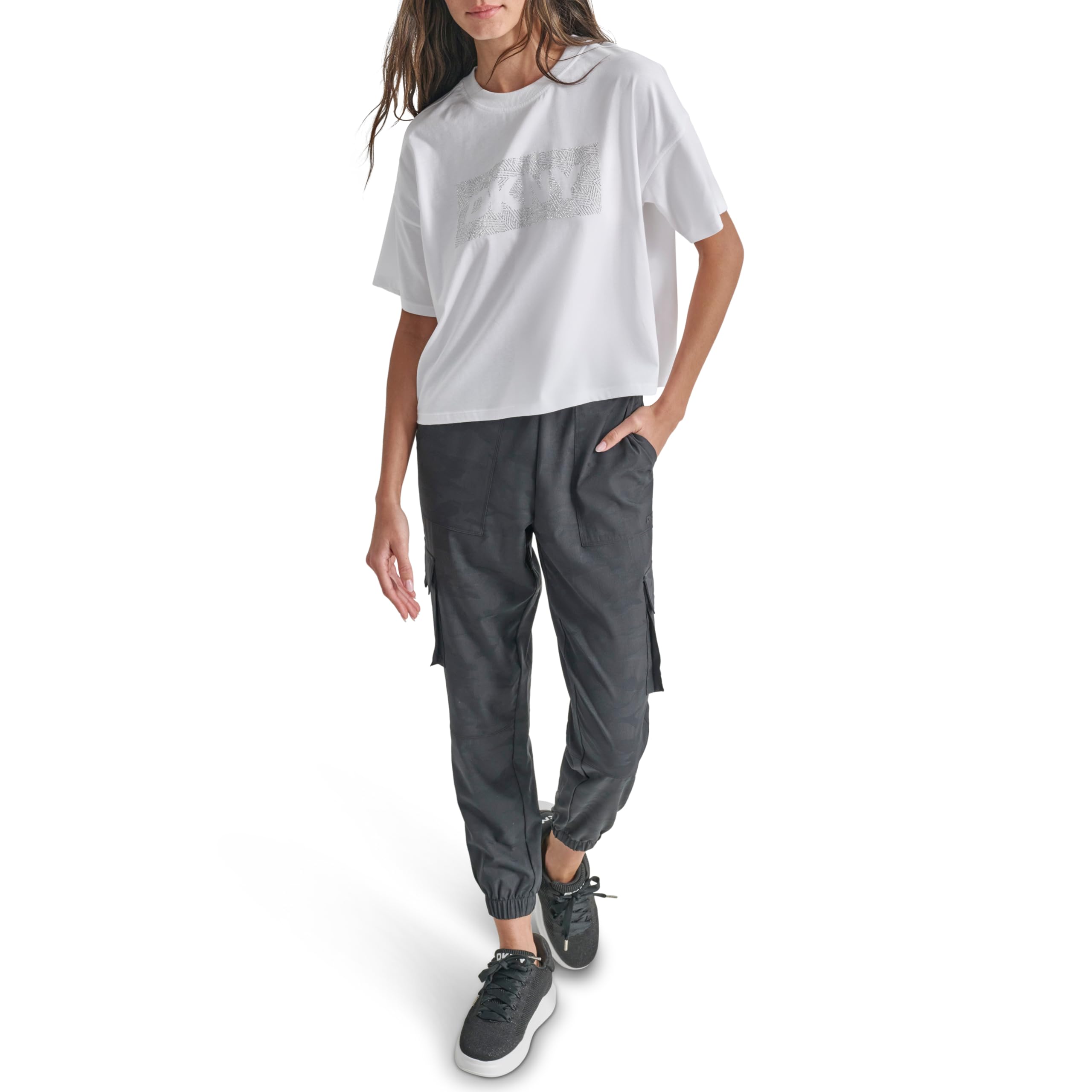Dkny Women's White Rhinestone Logo Cropped Short Sleeve Tee, Small, S