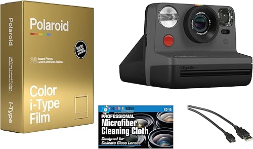Polaroid Now i-Type - Cámara de película instantánea (negro) + paquete de regalo doble de película Polaroid Golden Moments