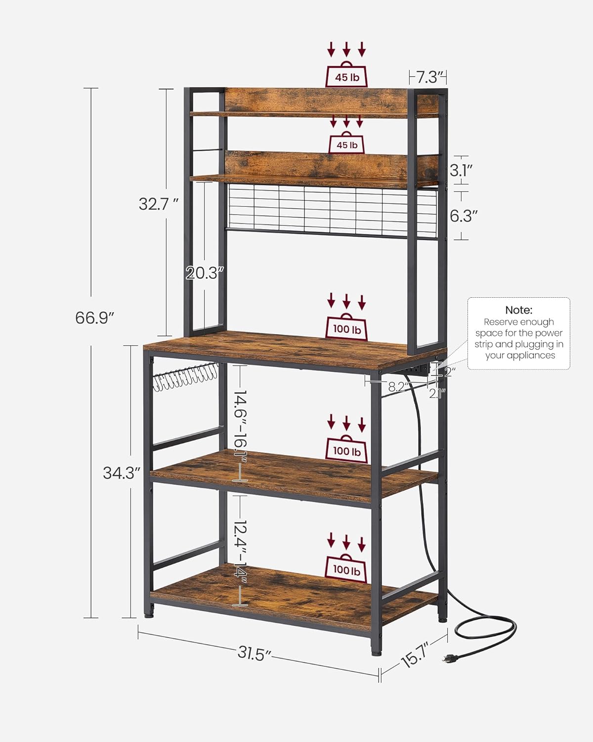 VASAGLE Bakers Rack with Power Outlet, Microwave Stand, Kitchen Tall Utility Storage Shelf, with Metal Wire Panel, 14 Hooks, 40 x 80 x 170 cm, Rustic Brown and Black UKKS025B01 - Image 3