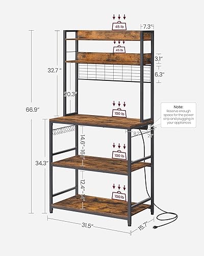Miniatura 3 de VASAGLE Bakers Rack with Power Outlet, Microwave Stand, Kitchen Tall Utility Storage Shelf, with Metal Wire Panel, 14 Hooks, 15.7 x 31.5 x 66.9 café