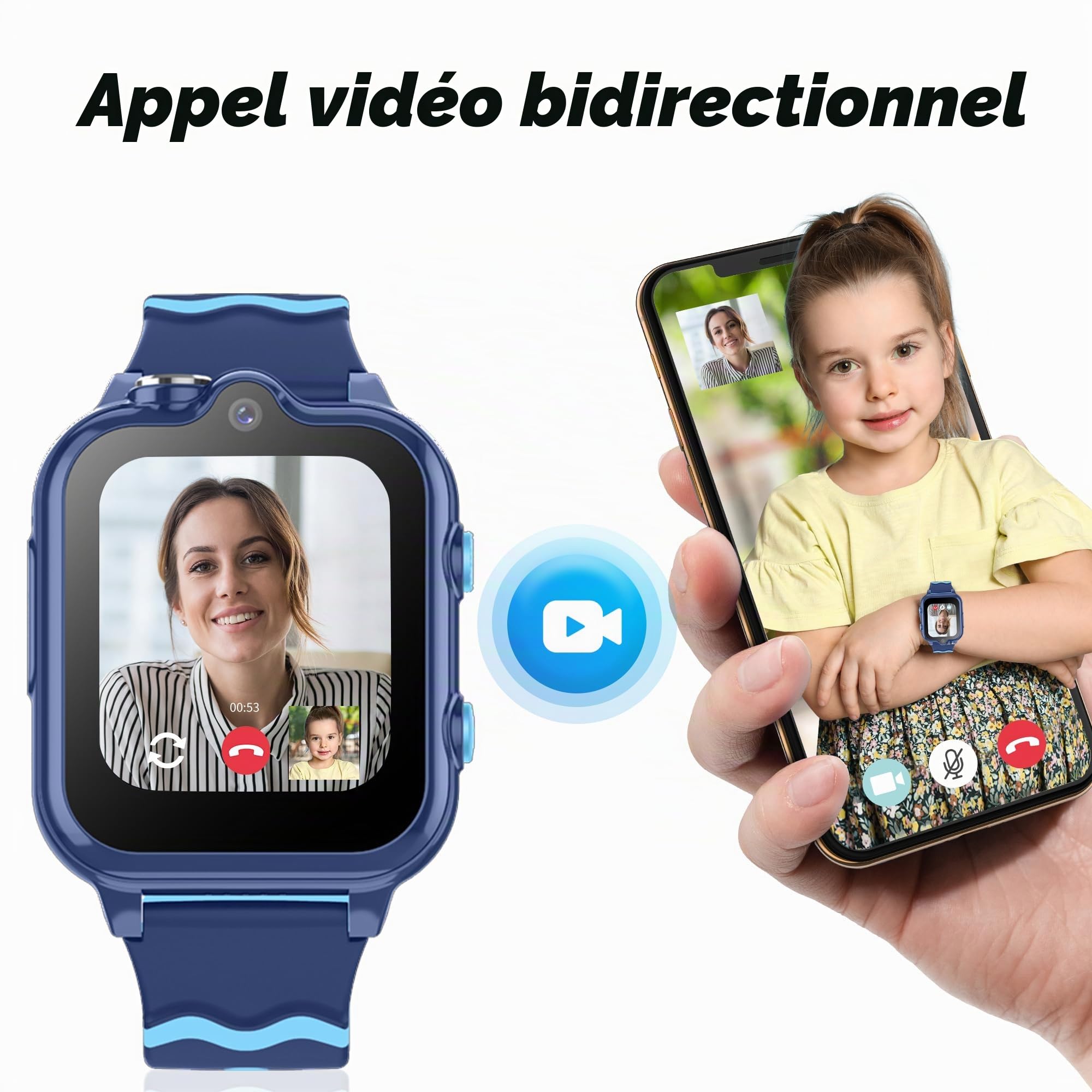 Montre Connectée Enfant GPS Montre Intelligente Garçon Fille 4G WiFi Appel Vidéo Caméra SOS Message Réveil Chronomètre Mode Classe Notification de Vibration (Bleu)