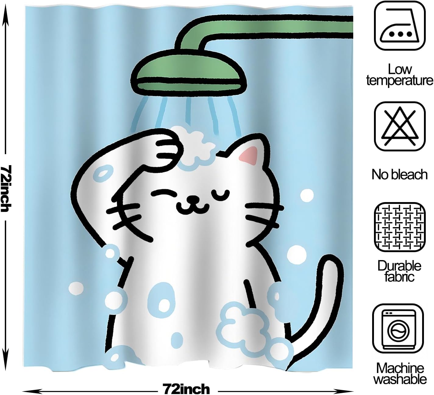 Cute Cat Bath Time Shower Curtain- Cute Cartoon Kitten Showering with Bubbles, Waterproof Bathroom Decor Set with Hooks 72x72 Inches