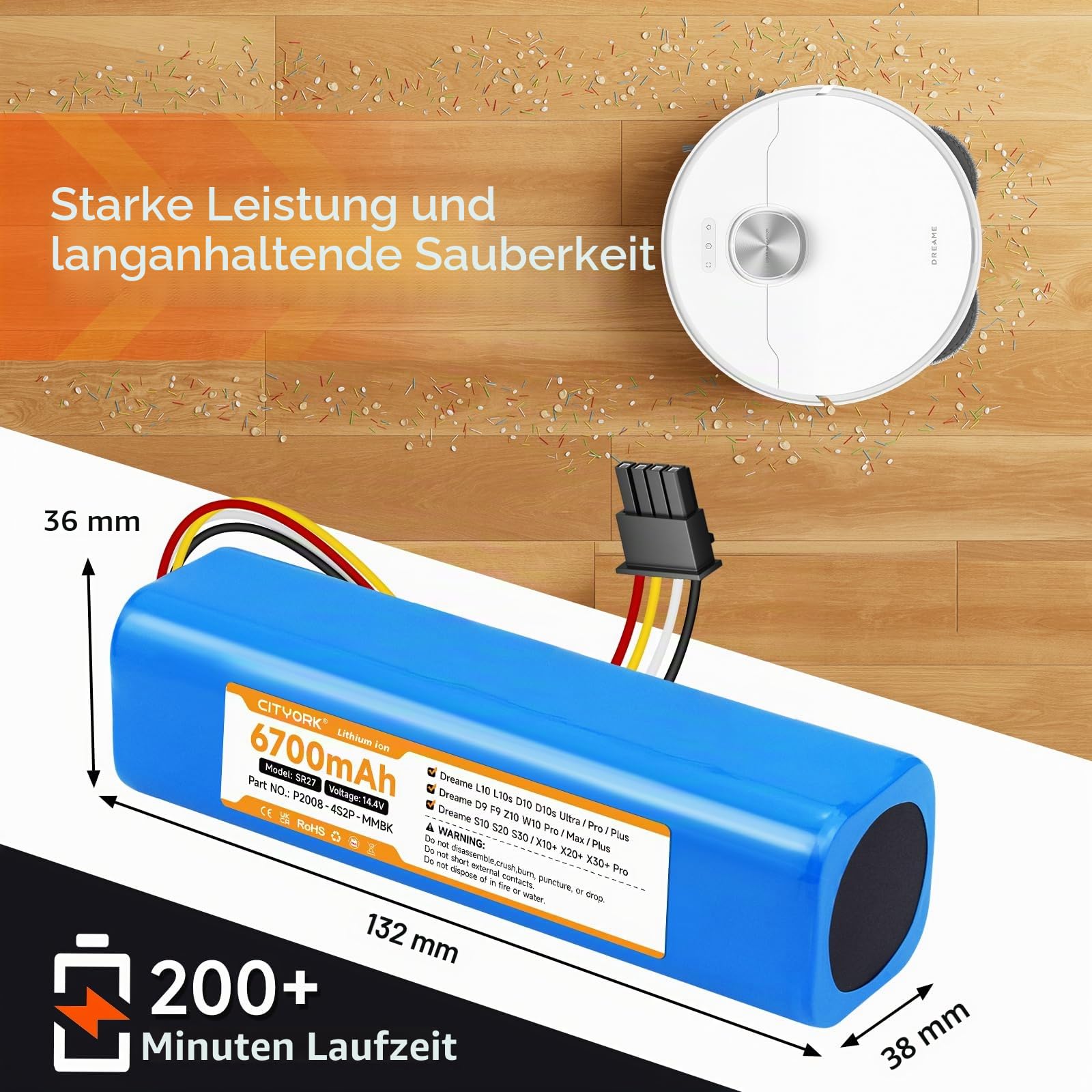 CITYORK 6700mAh Ersatz Akku für Dreame L10s Ultra L10 D10 D10s Z10 Pro/Ultra/Plus, für Dreame D9 F9 Max/Pro, für Xiaomi Robot Vacuum X20+ X10+ Plus/Pro/Max P2008-4S2P-MMBK, für Mijia Roborock S50 S51