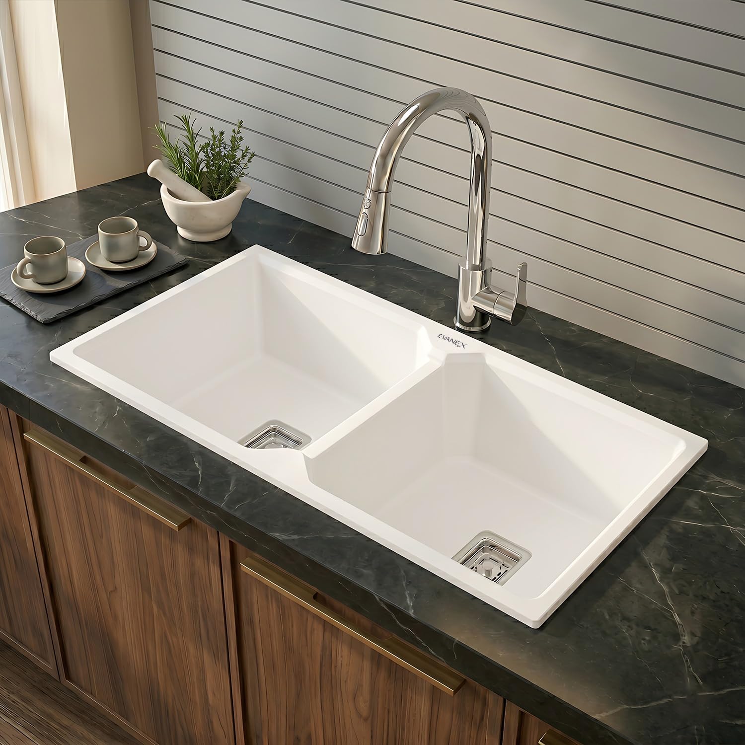 EVANEX Quartz Kitchen Sink|Double Bowl Sink for Kitchen|Topmount/Undermount Kitchen Sinks|White Double Sink with Connector, Waste Pipe, Coupling and Drain Basket|45x20x9 Granite Kitchen Sinks-image-39