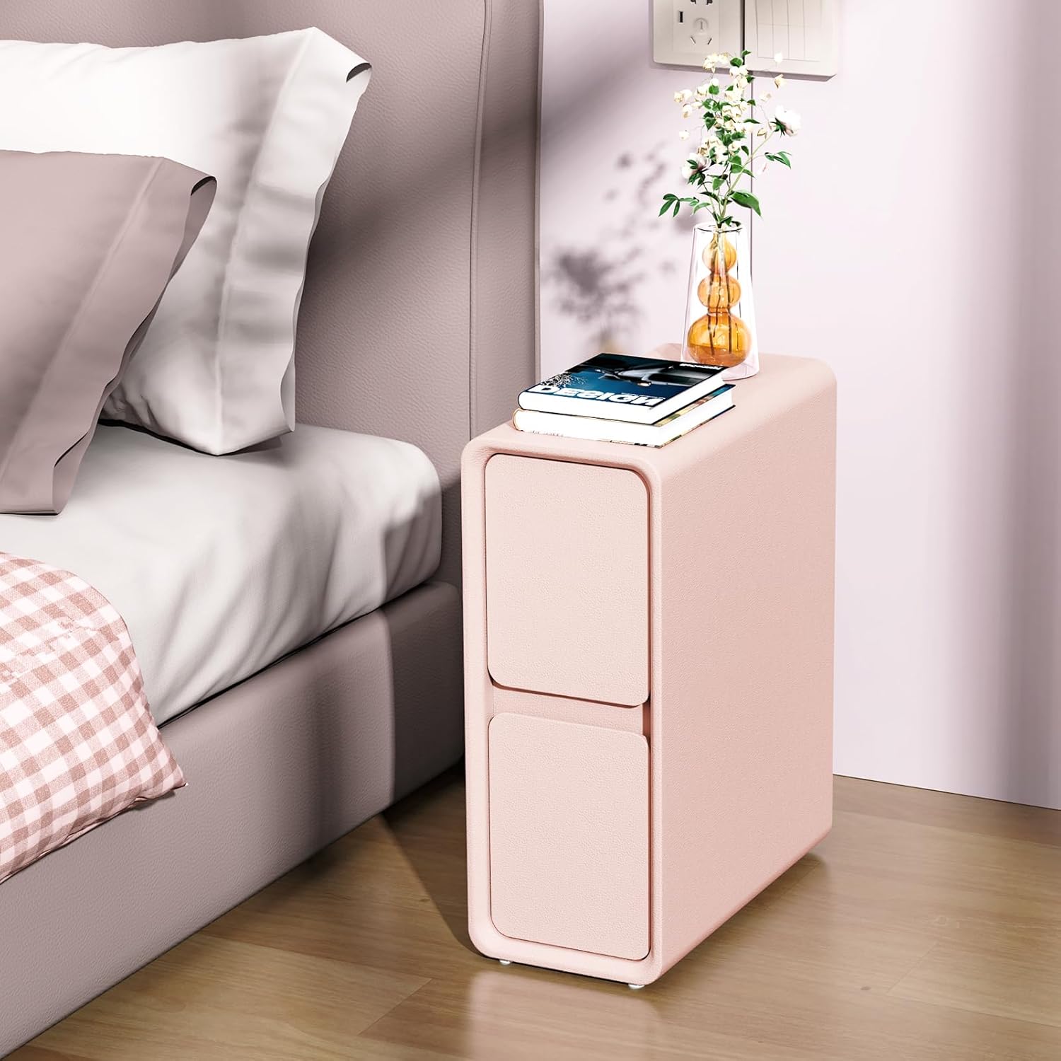 VICITON Modern Narrow Faux Leather Nightstand, Solid Wood Drawer, Storage Accent Table, Small Side End Table for Bedroom (Pink, Narrow) Narrow(7.8 inch) Pink