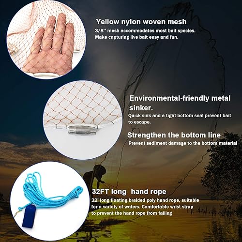Snapklik.com : Saltwater American Fishing Cast Net 3/8inch Mesh Size ...