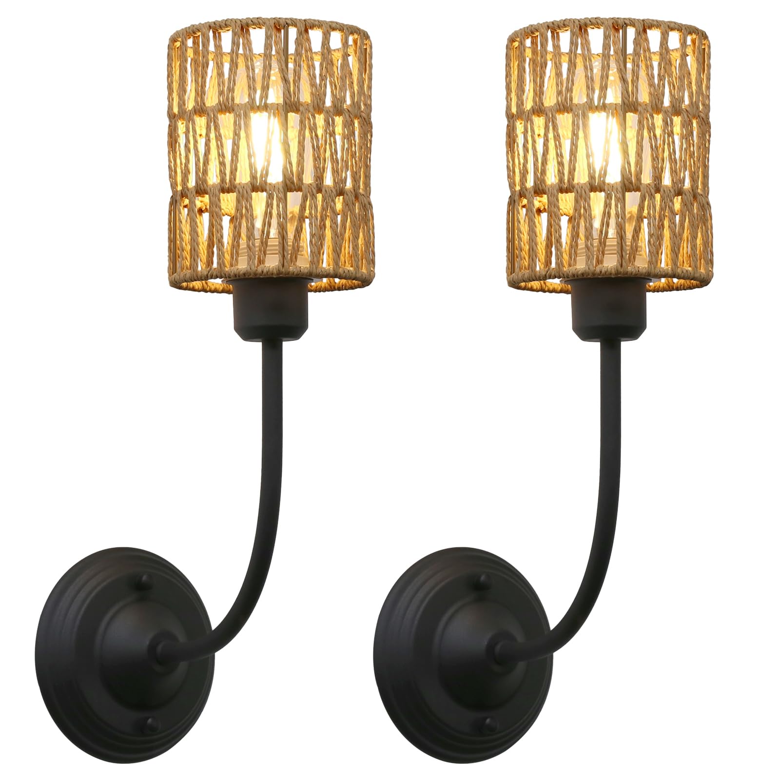 Yosoan 2 Sets of Vintage Rattan Sconce Wall Lights,Industrial Boho Wall Lamp for Bedroom Living Room Hallway (Black)