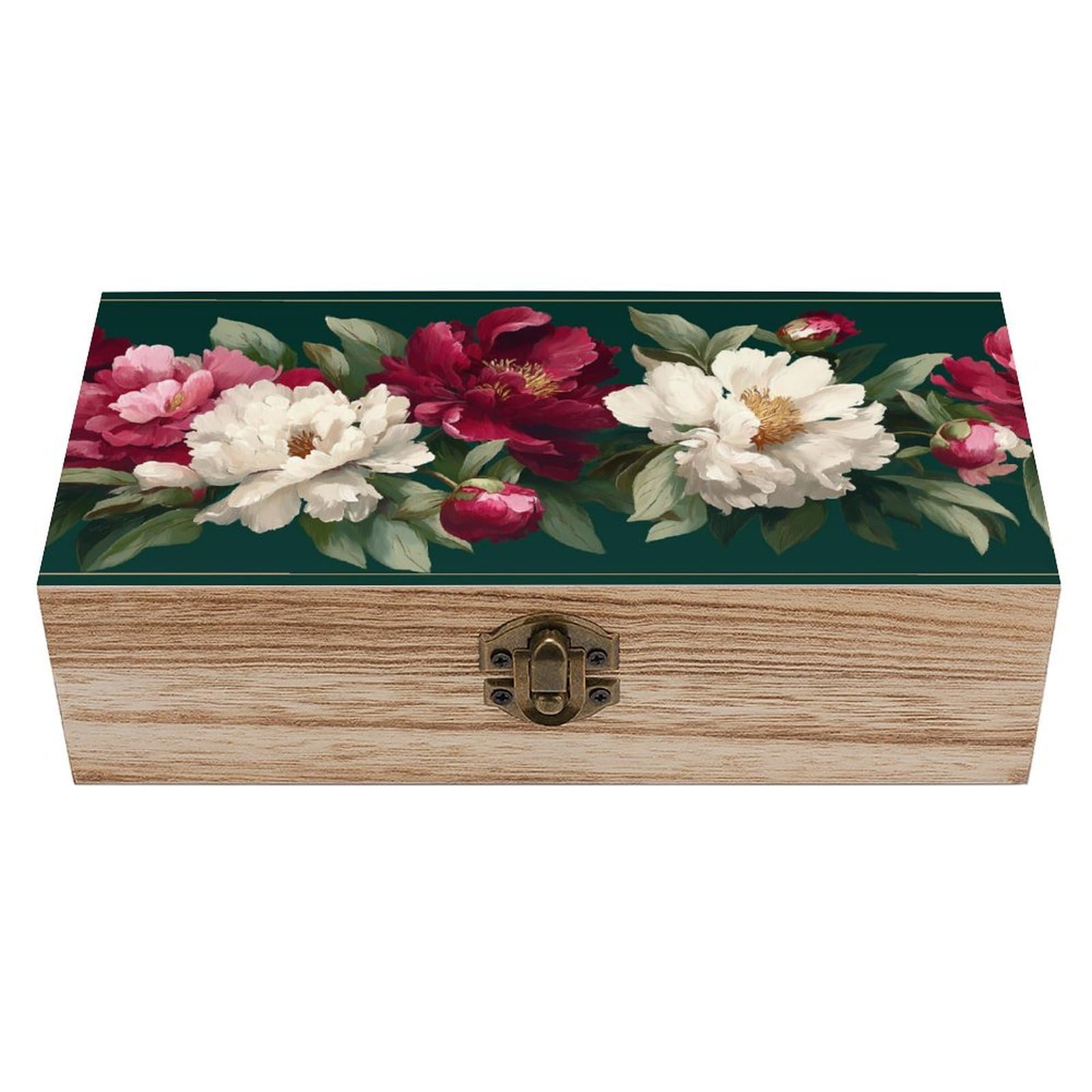 Jubonexis Deep Pink White Burgundy Peonies Green Leaves Wooden Storage Box with Hinged Lid And Front Clasp Large Keepsake Box