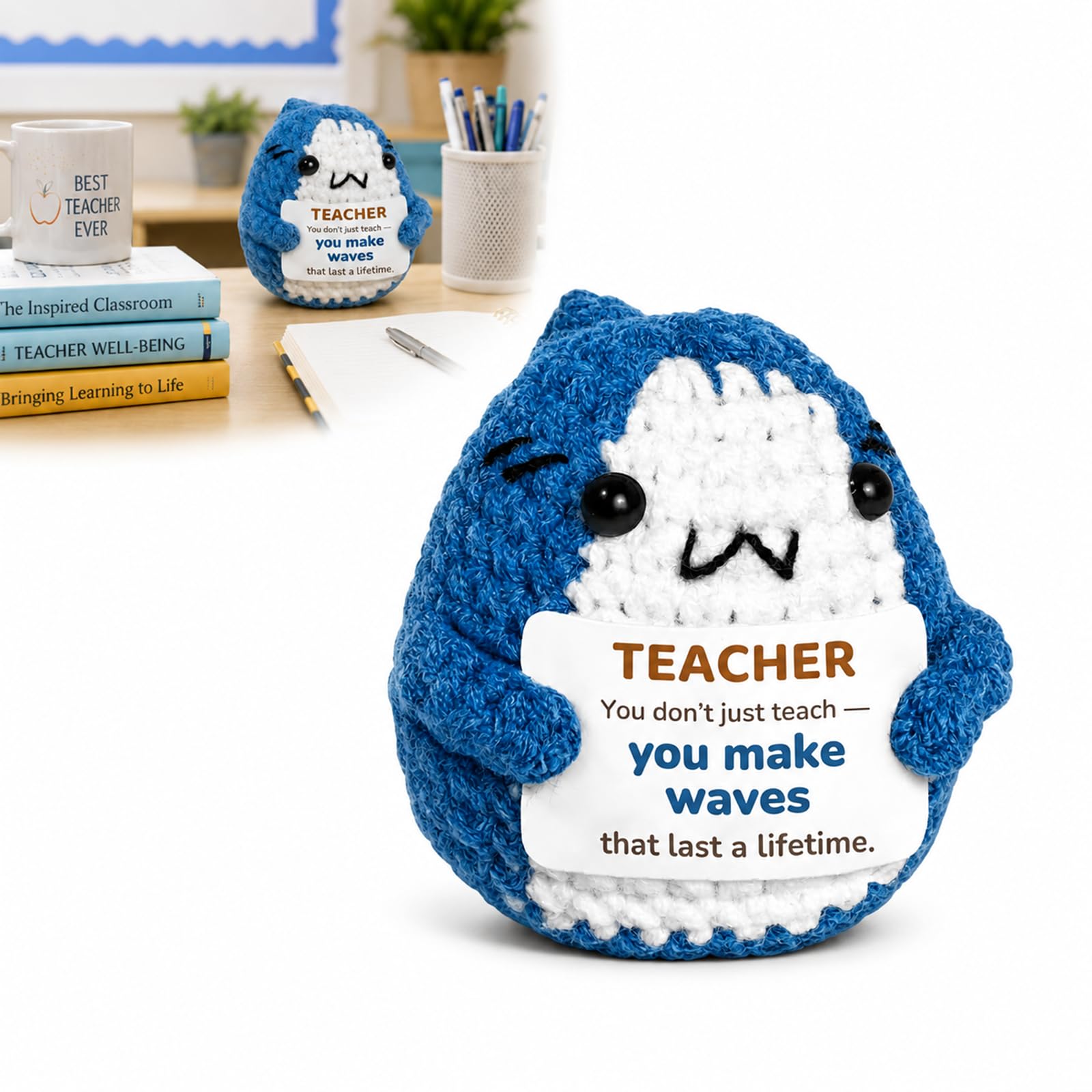 Hand Crocheted Teacher Gift with Inspirational Card, Blue Shark Crochet Plush Figurine, Appreciation Gift for Teacher Thank You Gift Desk Decor Emotional Support Keepsake