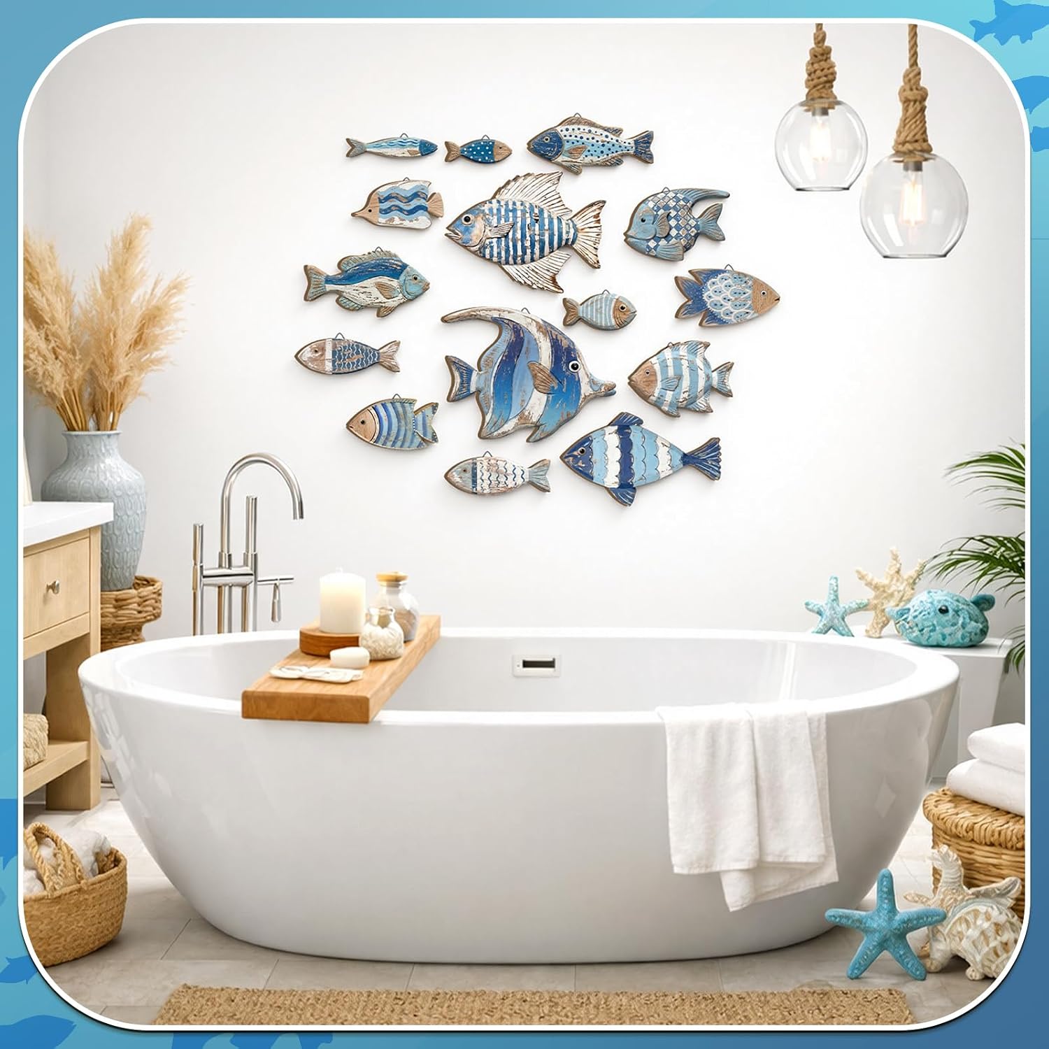 Spiareal 15 Pcs Wood Fish Nautical Wall Decor Wooden School of Fish Wall Art Rustic Hanging Beach Decor Ocean Coastal Theme Vintage Ornaments for Summer Home Lake House Bathroom Bedroom(Charming)