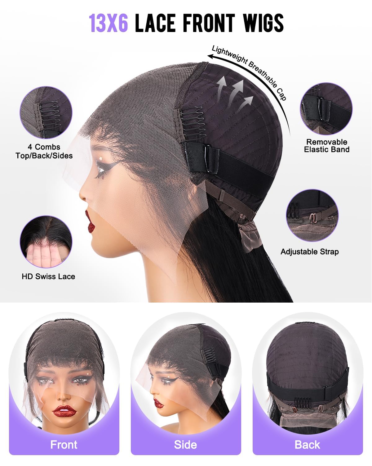 30Inch Straight Lace Front Wigs Human Hair for Women HD Transparent 13x6 Straight Lace Frontal Wigs Human Hair Pre Plucked Glueless Wigs Natural Black Color 220 Density