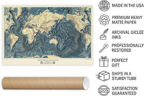 Miniatura 4 de Historic Pictoric Mapa de pared, mundo - Suelos oceánicos y alivio de la tierra. 1976 - Arte de pared vintage - 24 x 16 pulgadas