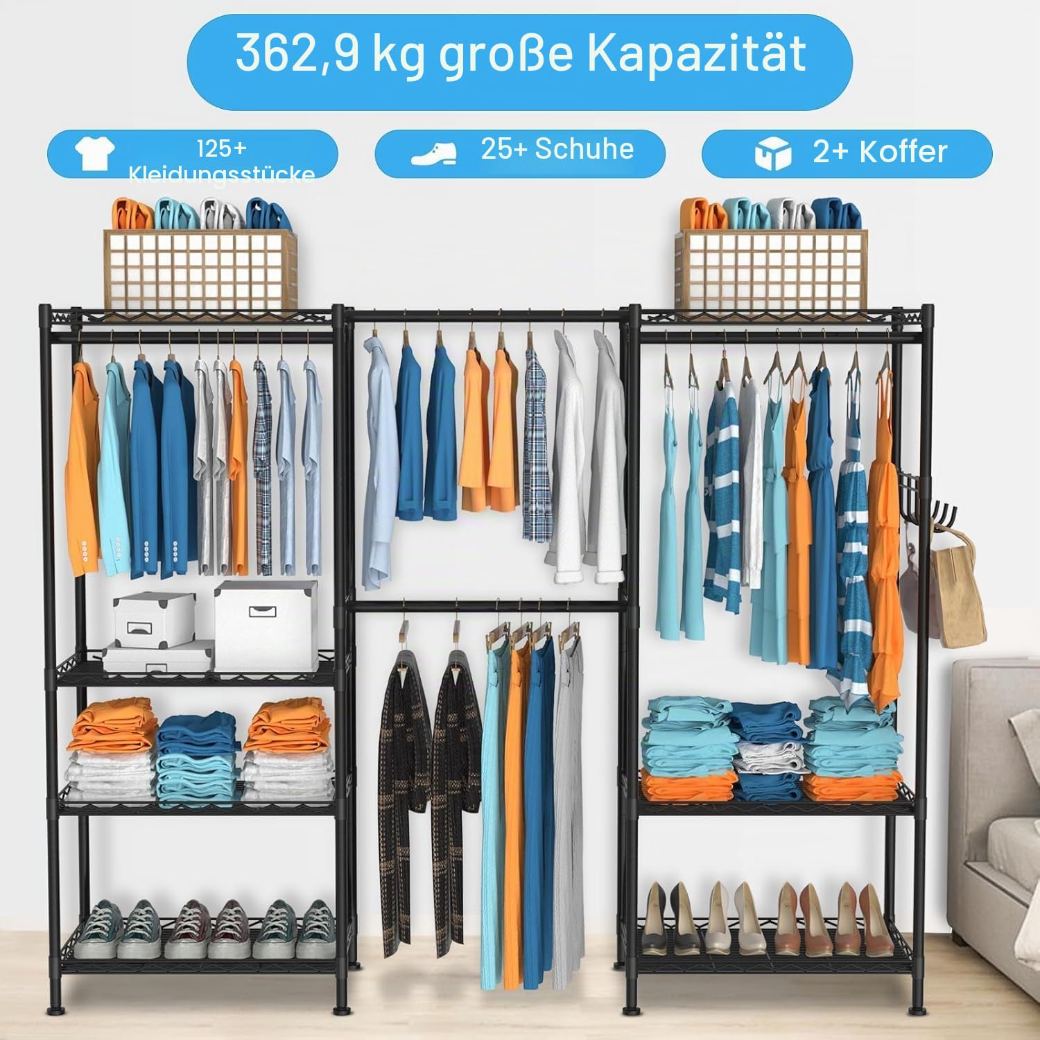 VyGrow Schwerlast Kleiderstände zum Aufhängen von Kleidung, Kleiderständer mit 4 Aufhängestangen & 7 Regalen, 175 cm Lx39.9 cm Bx194.1 cm H, (Schwarz)