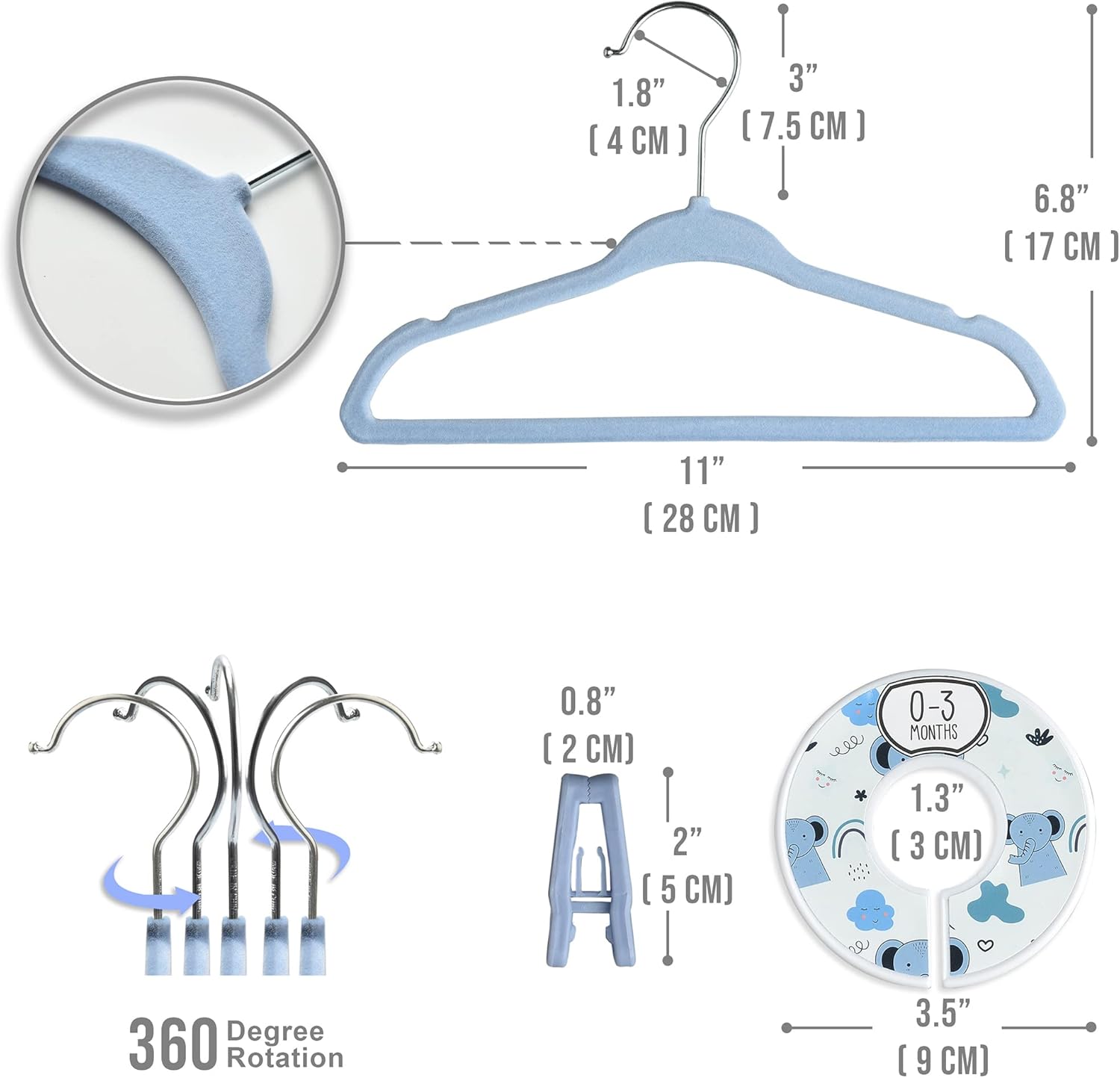 Velvet Baby Hangers with 10x Clips and 8X Dividers (30 Pack) | 11” Ultra-Slim Baby Clothes Hangers | Non-Slip Felt | Space-Saving Nursery & Infant Closet Organizer | Blue - Image 3