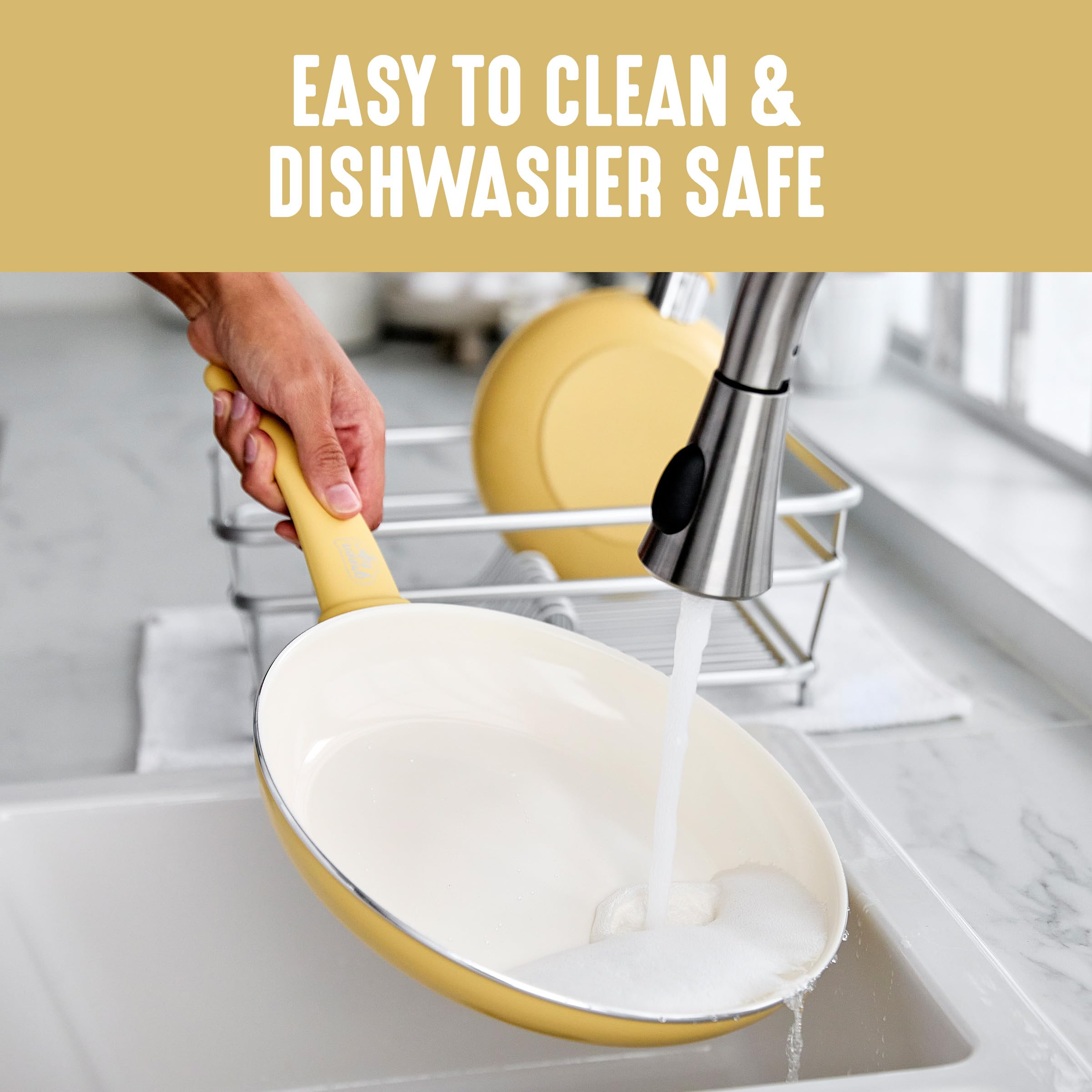 GreenLife 16 Piece Nonstick Cookware Set, Soft Grip Non-Toxic PFAS-Free Ceramic Pots & Pans, Dishwasher & Oven Safe, Frying, Sauce, Saute, Utensils, Glass Lids, Stay-Cool Handles, Wobble Free, Yellow: 16 Piece Cookware Set Yellow