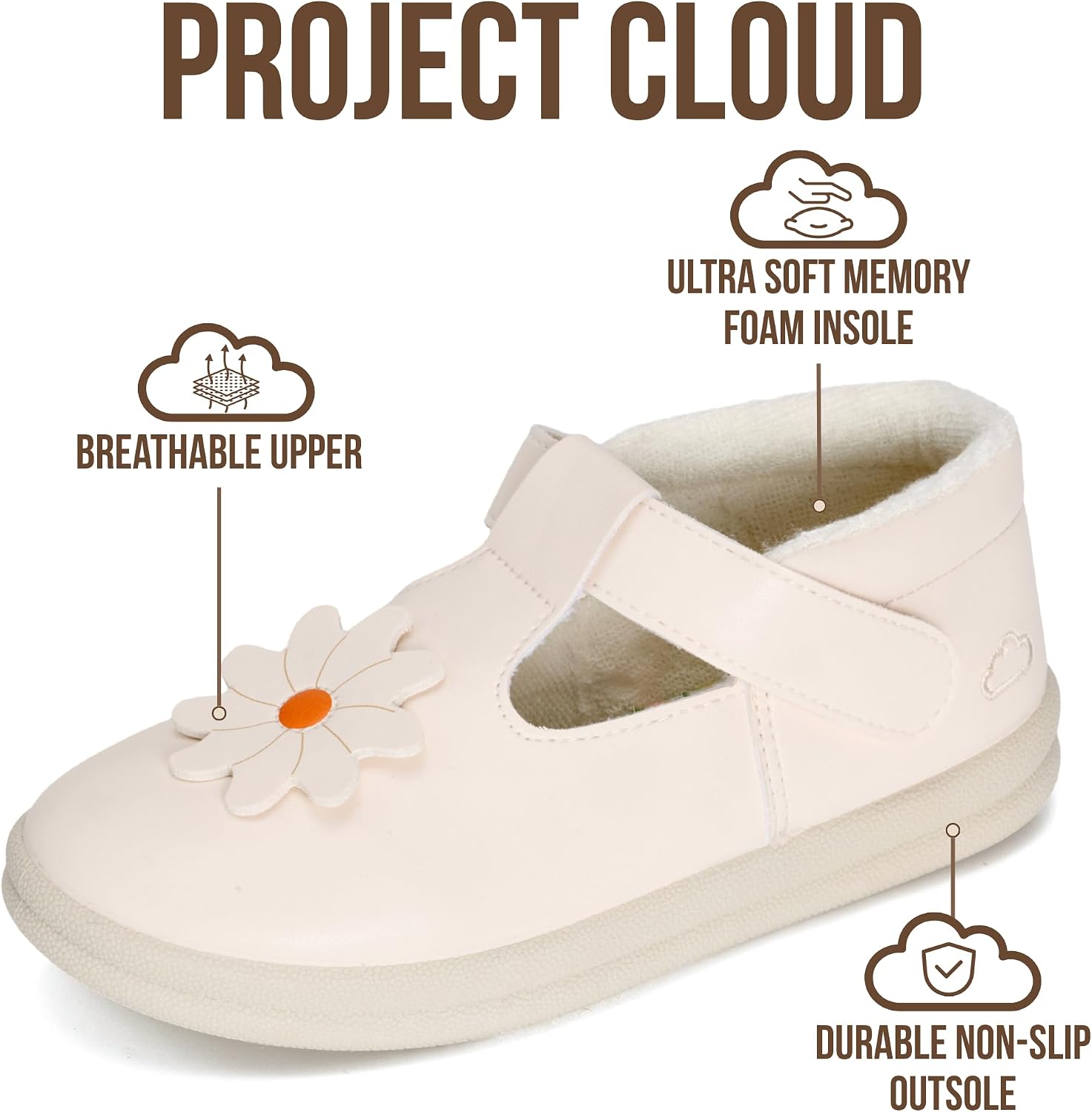 Project Cloud Toddler Shoes - Memory Foam Insole Kids Shoes for Girls, Hook-and-Loop - Mary Jane Sneakers with Terry Cloth Lining, Non-Slip Outsole
