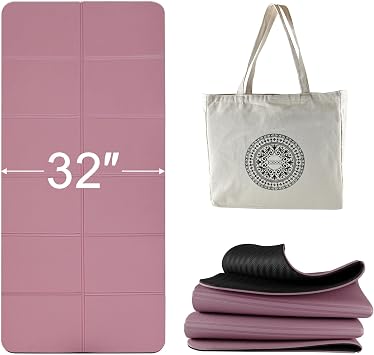 iodoo Foldable Yoga Mat 72" L x 32" W x 0.32 Inch Extra Thicked and Wided, Folding Yoga Mat for Travel with Canvas Carrying Bag, Non-Slip TPE Exercise Pilates Mat