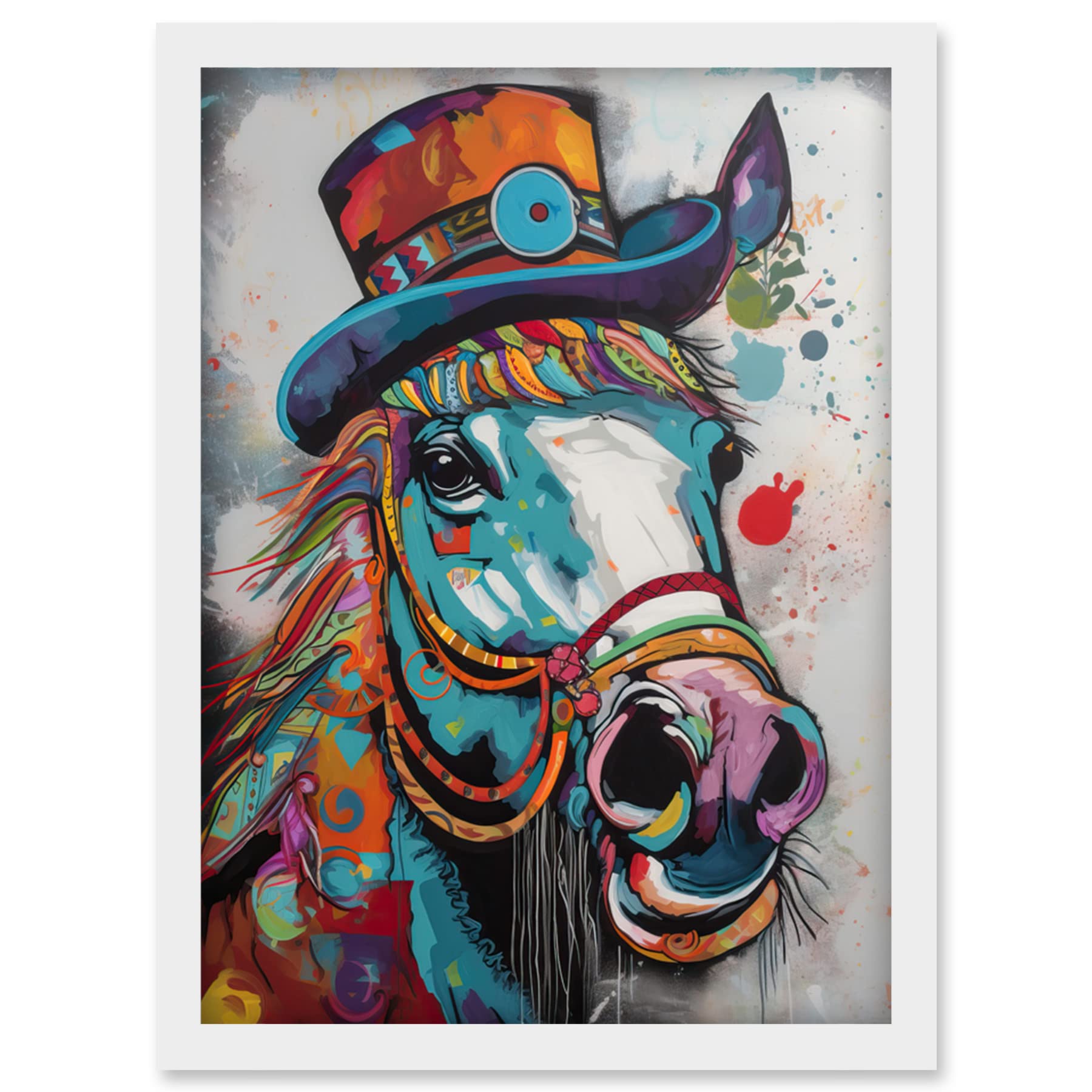 Artery8 Horse Hippie in Multicoloured Bridles and Top Hat Artwork Framed Wall Art Print A4