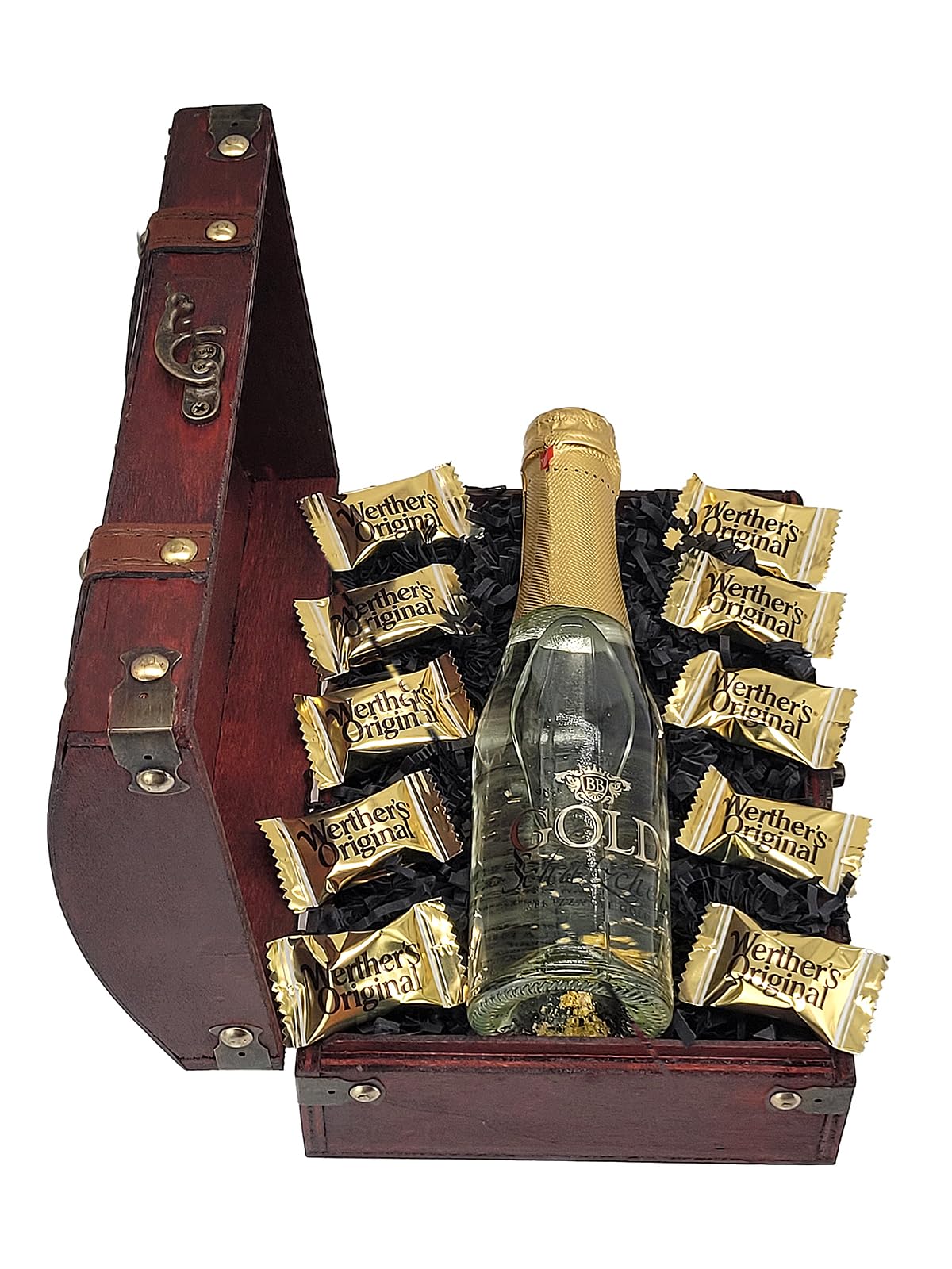 Bull & Bear Geschenk Mini-Truhe Gold-Schätzchen, 12 × 8 × 8 cm, kleine Schatzkiste aus Holz mit 0,2l Sekt mit echtem Blattgold und 10 goldenen Werthers Original Bonbons
