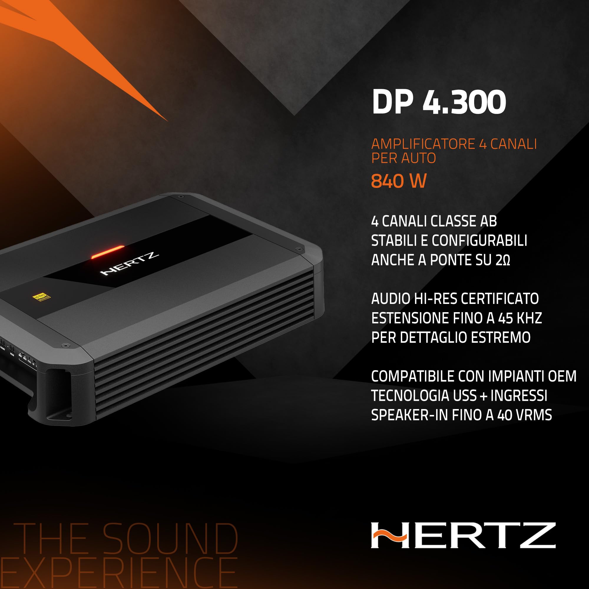 Hertz Dieci Power DP 4.300 amplificatore 4 canali 4x105W a 2 Ohm | classe AB, THD 0,015%, S/N 100 dB, crossover regolabile, ingressi alto e basso livello, bass boost regolabile