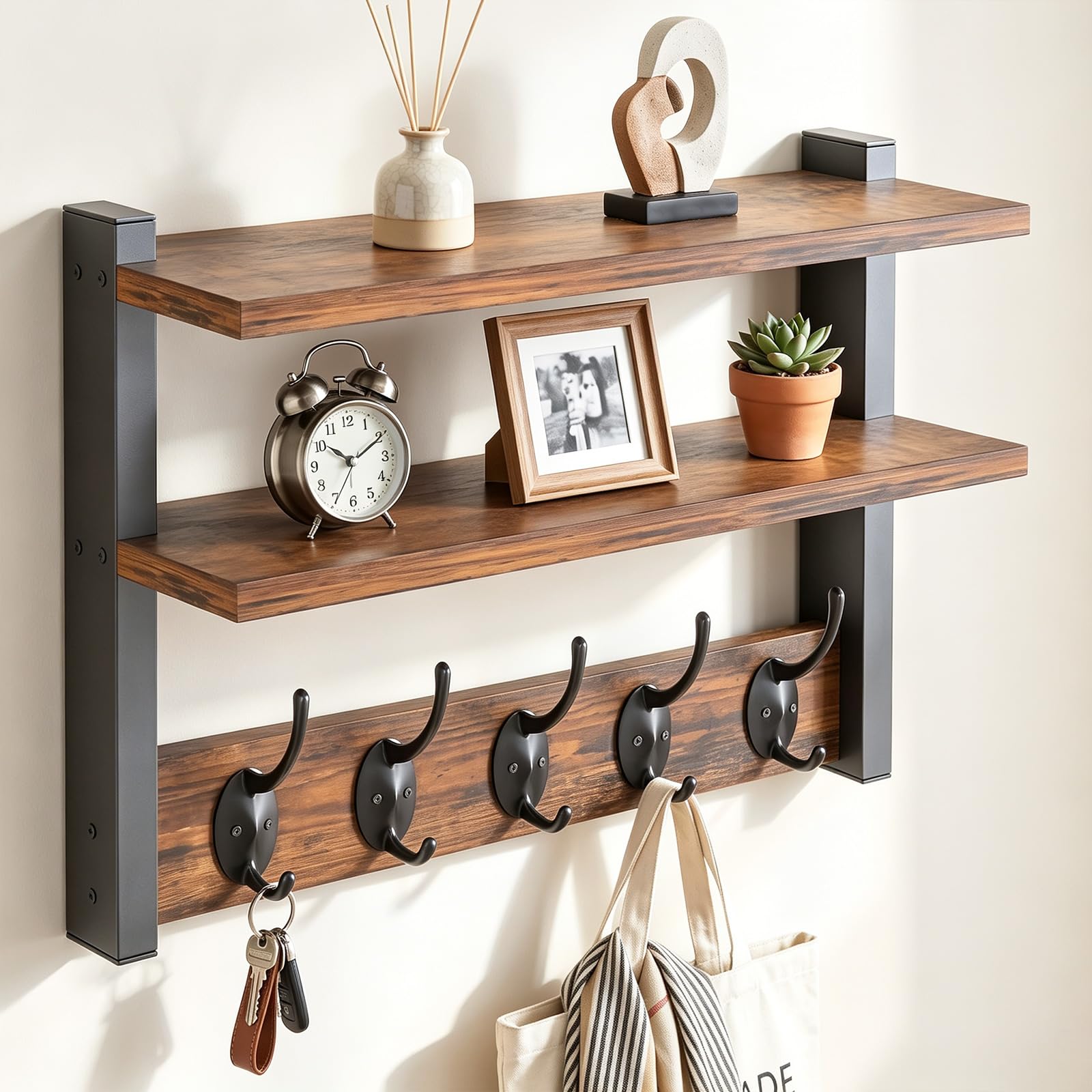 XunHe Wall Mounted Coat Rack with 2-Tier Storage Shelves