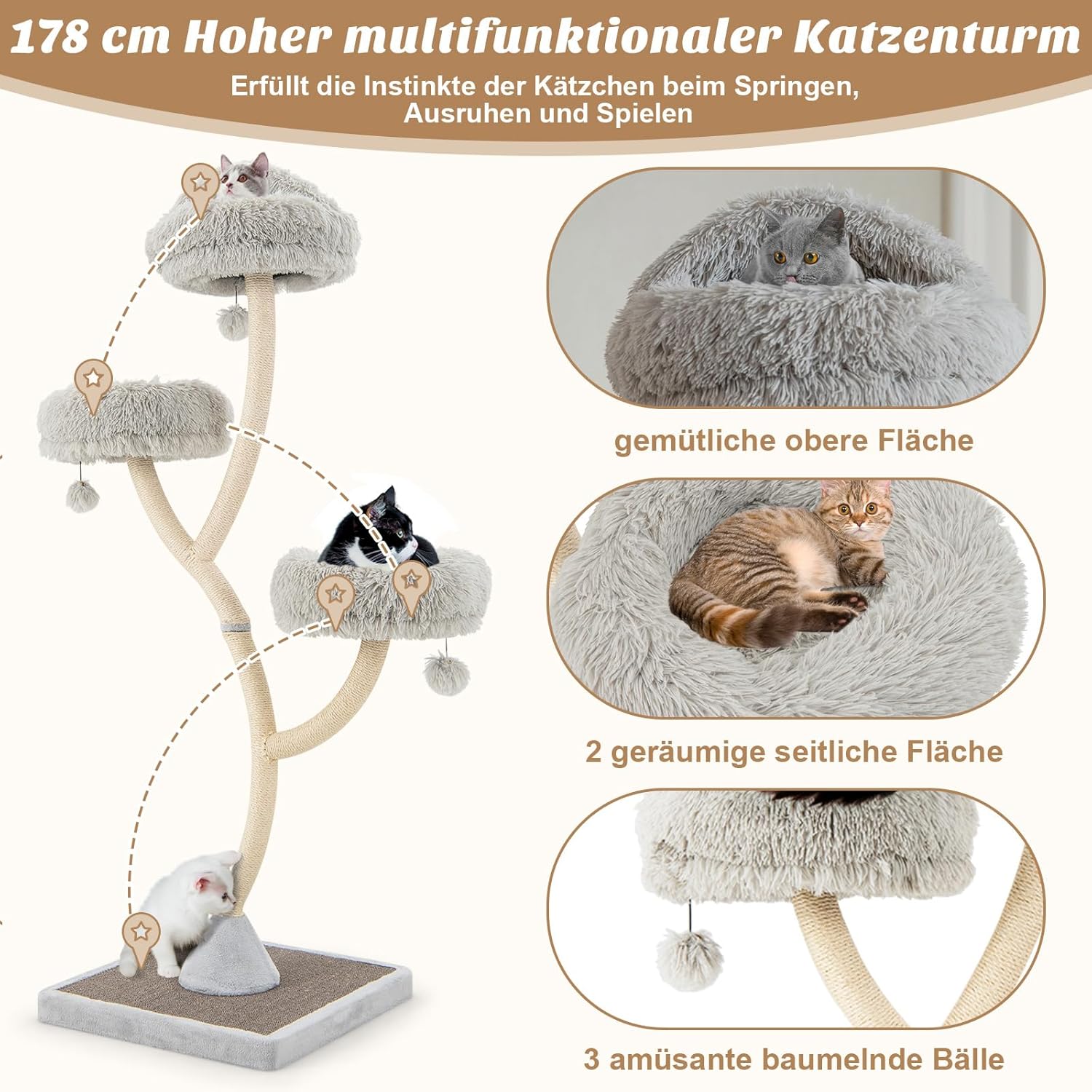 Close-up of the cat tree's features including the cozy top bed, two spacious side beds, and dangling plush balls.