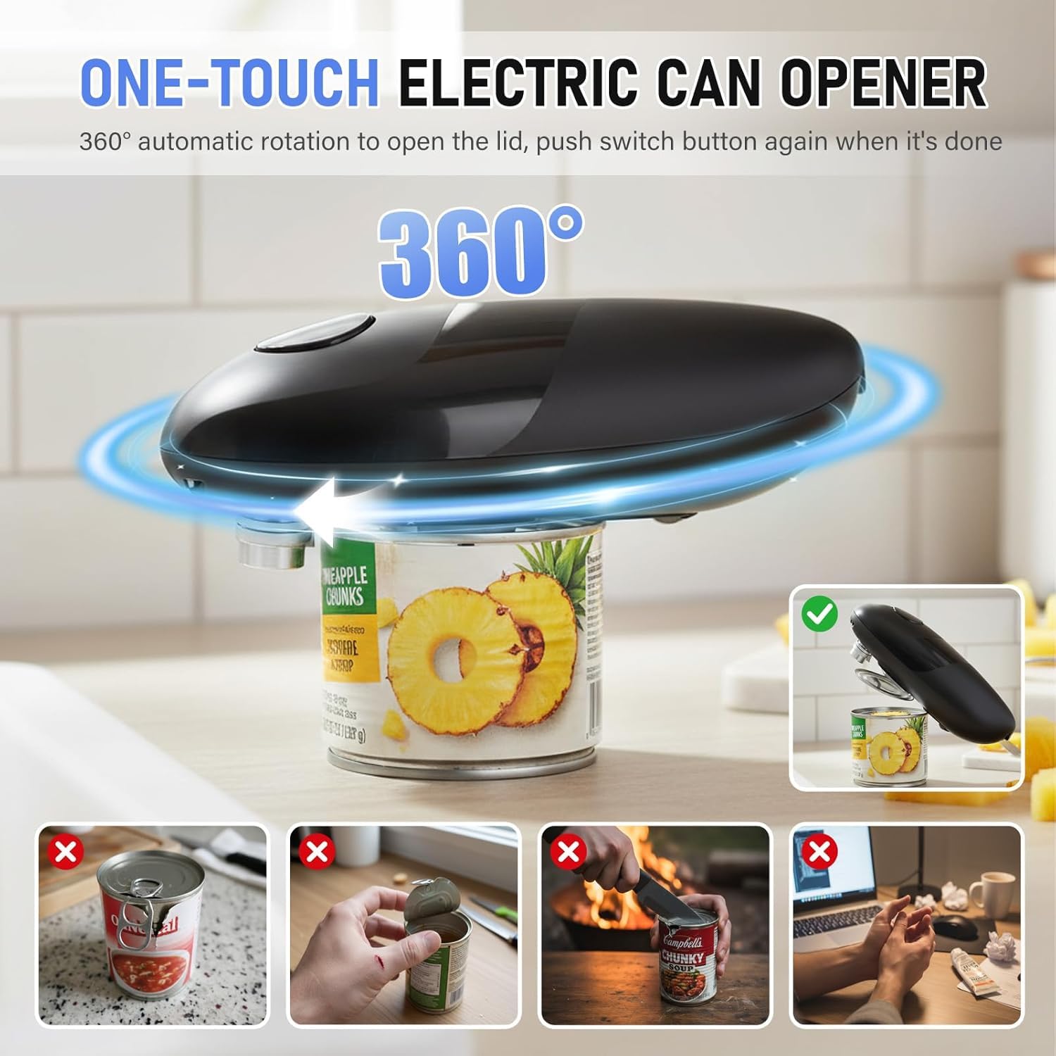 Elektrischer Dosenöffner, automatischer Dosenöffner One Touch mit glattem Rand, batteriebetrieben, geeignet für Dosen aller Größen, handloser Dosenöffner für Küche, auch für Linkshänder geeignet