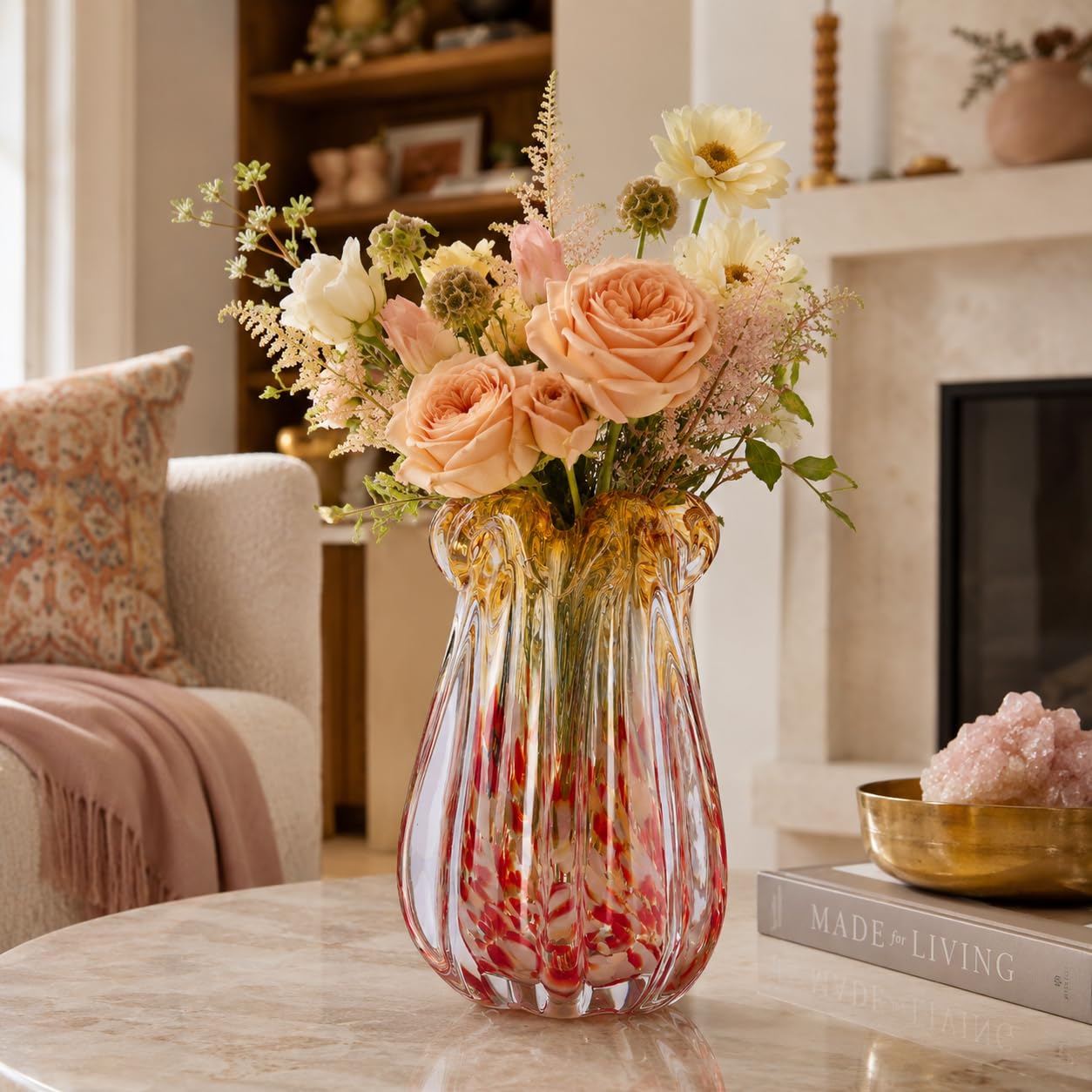 Vase en verre soufflé à la main, 24 cm, dégradé rose et ambré, vase en verre avec bord ondulé unique, vase à fleurs décoratif fait à la main pour salon, centre de table, décoration d'intérieur, cadeau