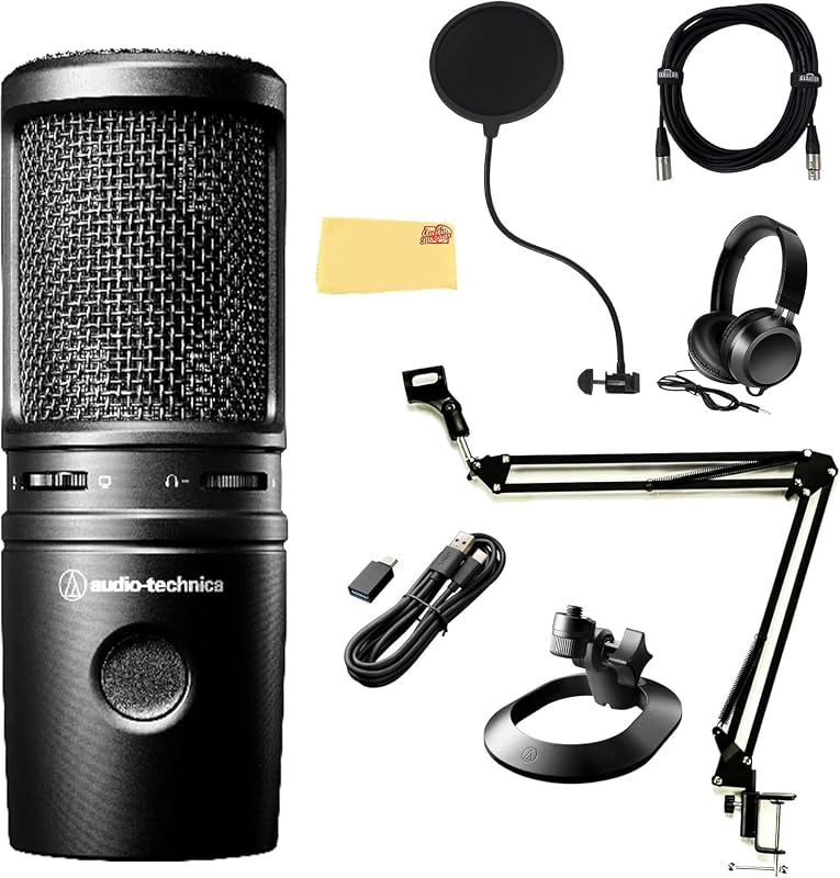 Audio-Technica AT2020USB-X Cardioid Condenser USB Microphone - Bundle with Pop Filter, Headphone, Boom Arm, XLR Cable, and Austin Bazaar Polishing Cloth