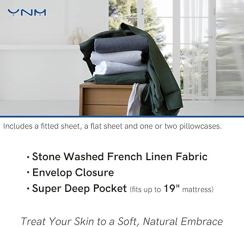Miniatura 6 de YnM - Juego de sábanas agradable al tacto y ecológico de 100% lino francés, incluye sábana encimera y bajera y 2 fundas de almohada, tamaño Queen,