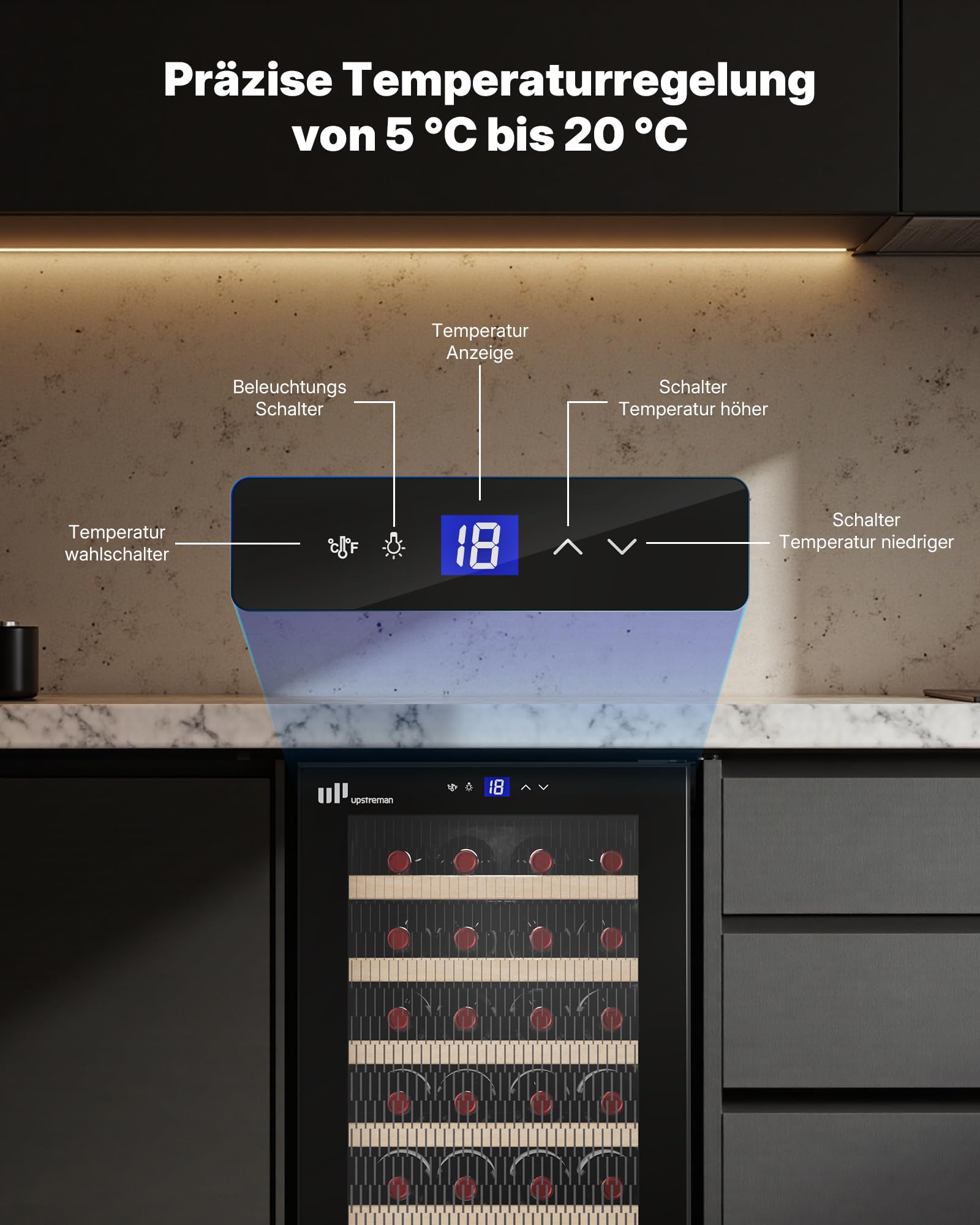 Upstreman Weinkühlschrank 24 Flaschen 5°C-20°C einstellbar Einbau Unterbau Doppelverglasung Touch-Display LED-Beleuchtung W24-Schwarz