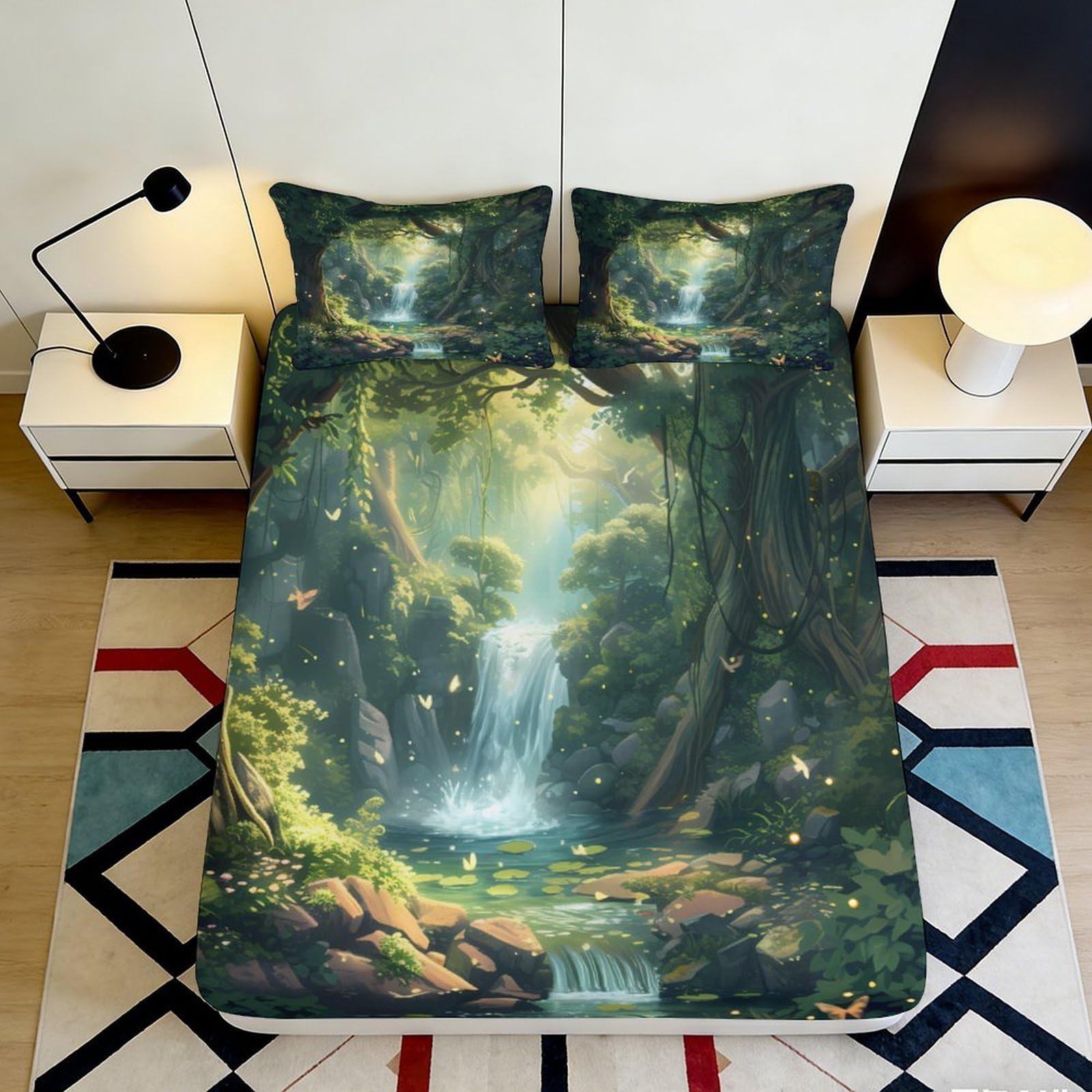 3D Printed Forest Waterfall Fitted Sheet Microfiber Soft Breathable Woodland Mattress Cover for Bedroom Dormitory Guest Room Protection Decor 200x200x25cm
