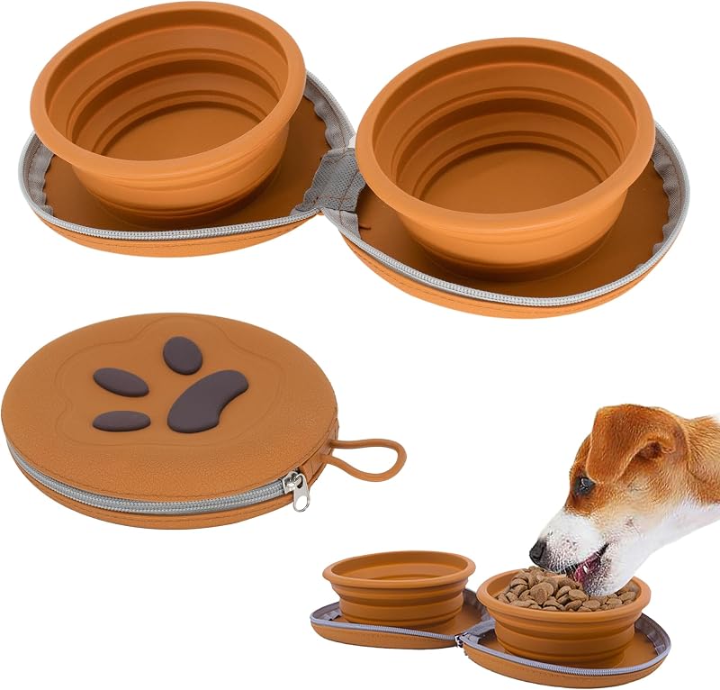 Tigela dupla dobrável para viagem de cães e gatos em silicone PawSailor, marrom