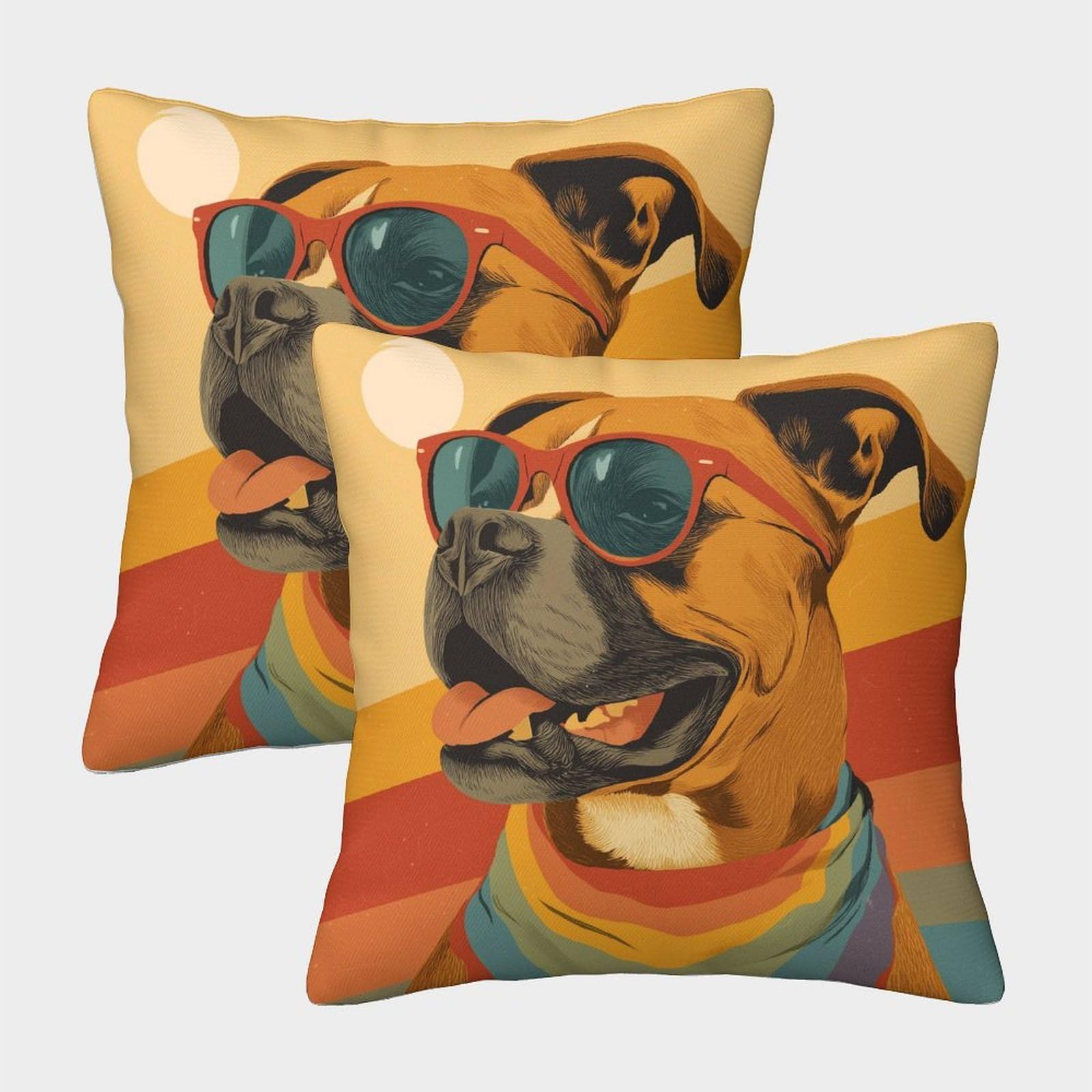kaiyun 2 Pack Brown Boxer Wearing Sunglasses 3D Image Printed Single-sided Cushion Cover 50x50cm