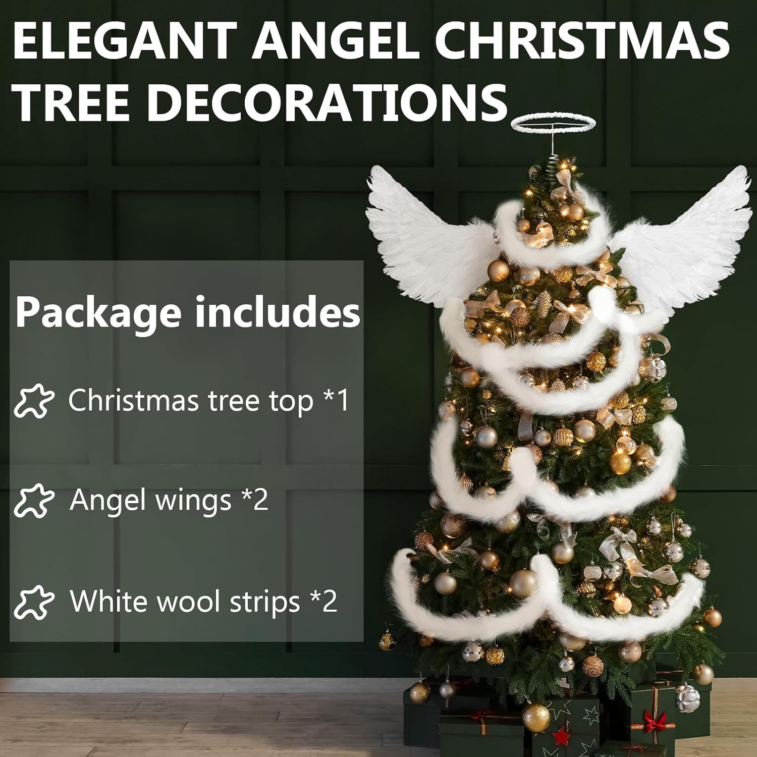 Gejoy Angel Christmas Tree Decor Set Christmas Tree Topper Kit 1 Angel Christmas Tree Tops 1 White Feather Wing 2 Fur Strips Xmas Tree Decorations for Home Indoor Outdoor Holiday Party Decor