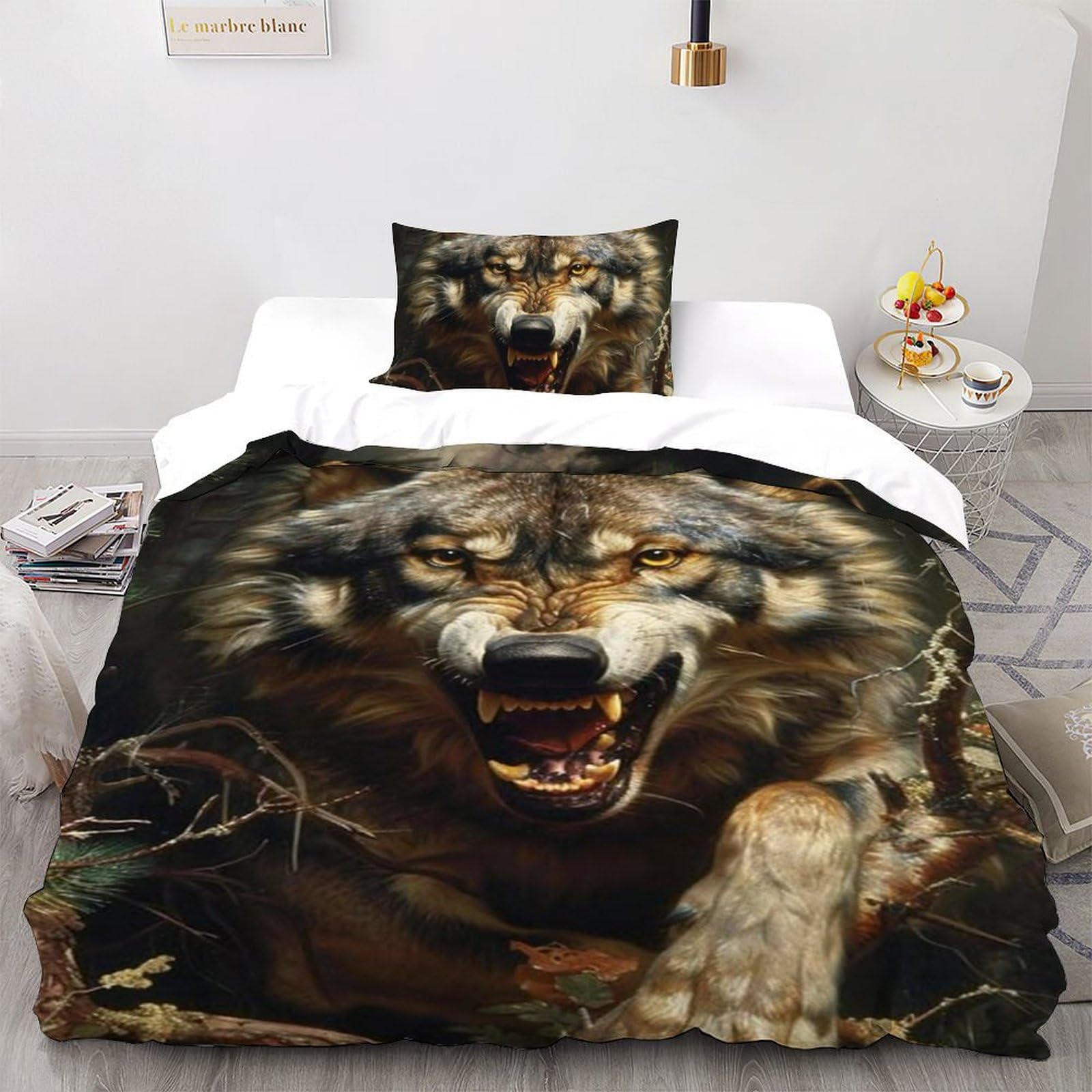 Housse de couette loup microfibre anti-plis 135x200cm parure de lit sans repassage