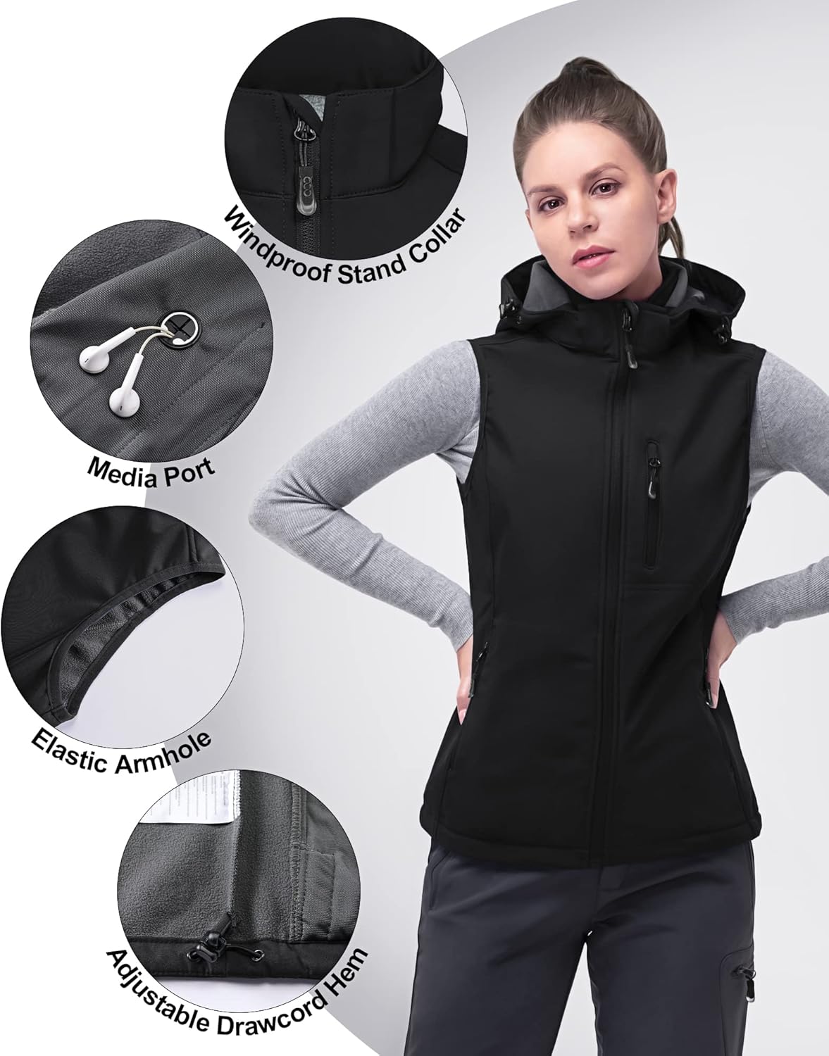 33,000ft Women's Hooded Lightweight Softshell Vest Fleece Lined Windproof Zip Up Sleeveless Jacket for Hiking Golf Running - Image 3