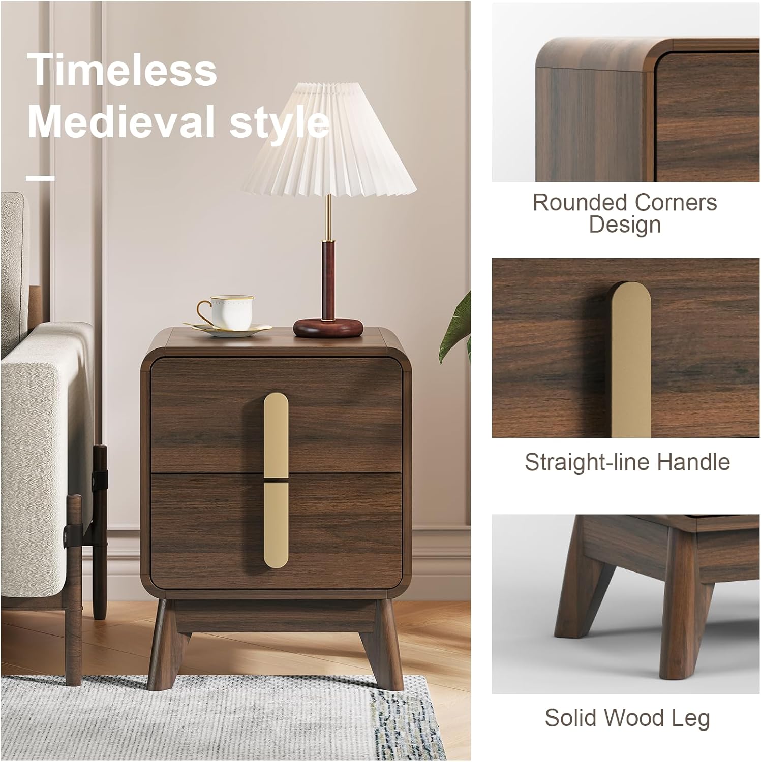 Nightstands Set of 2,Mid Century Modern Side Table with 2 Drawers & Solid Wood Legs,Curved Corner Bedside Table for Small Space,Bedroom,Walnut