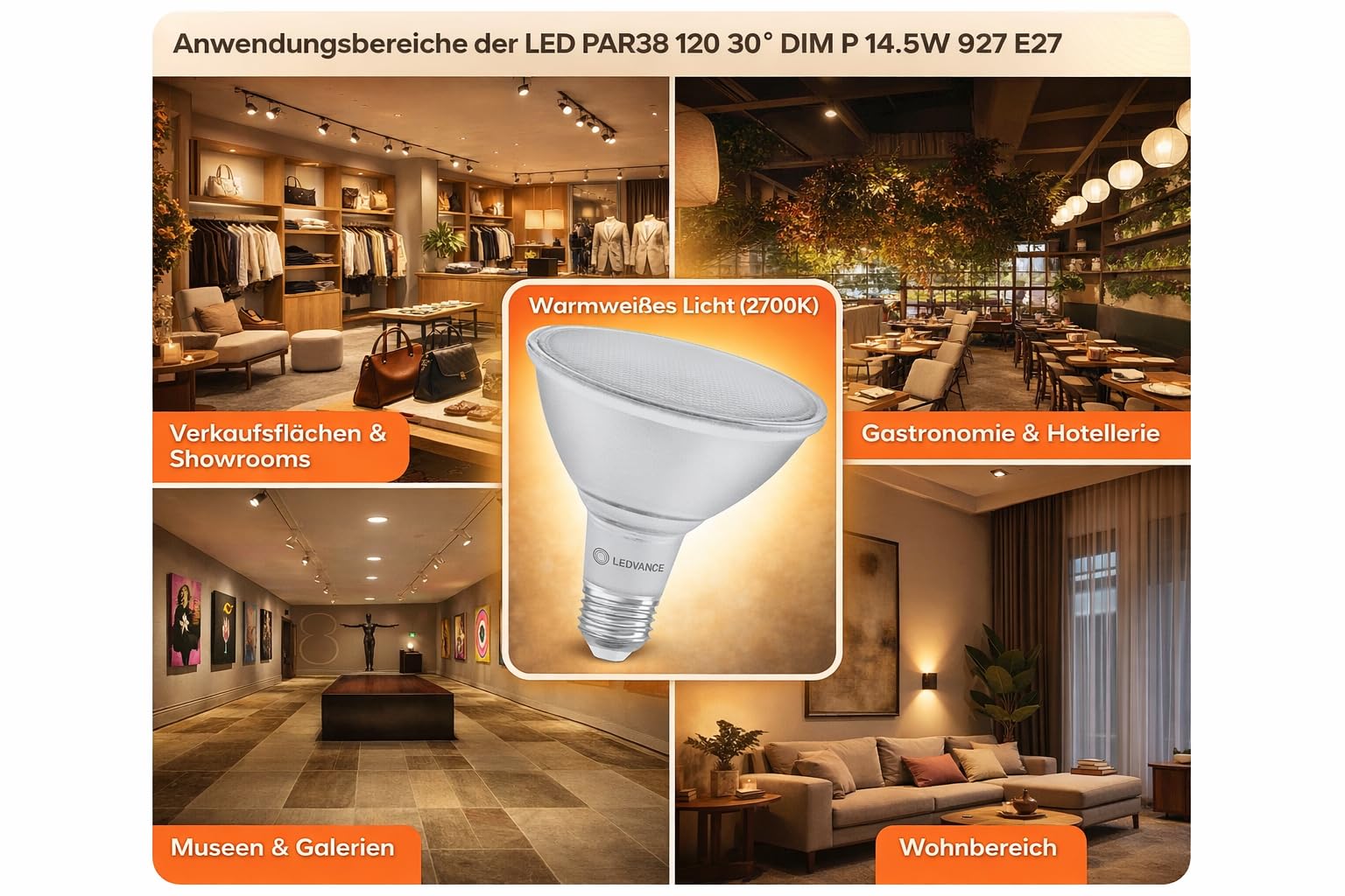 LEDVANCE 6x LED PAR38 Reflektorlampe, Warmweiß, 14,5W, E27, Dimmbar, 1035 lm, 30° Abstrahlwinkel, 120W Ersatz, 220-240V 6er SPARPACK