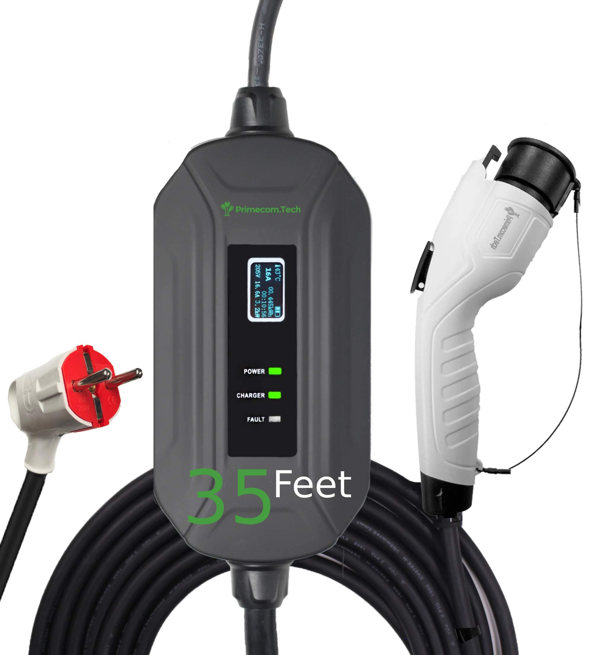 PRIMECOM Level 2 Electric Vehicle (EV) Charger (220V / 240Volt, 16Amp) Portable EVSE Smart Electric Car Charger, 30', 40', and 50 Feet Lengths (European, 35 Feet)