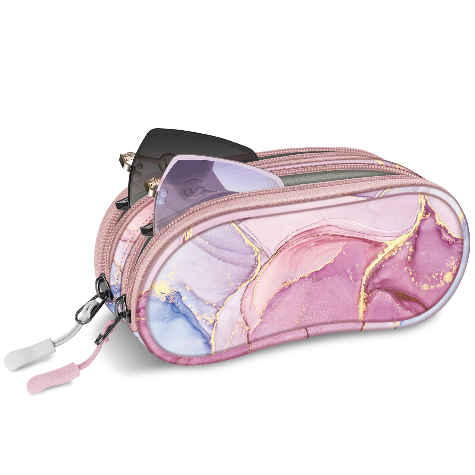 FINTIE Double Glasses Case for Men Women, Soft Portable Sunglasses Pouch with Clip, Dual Zipper Compartments, Glittering Marble