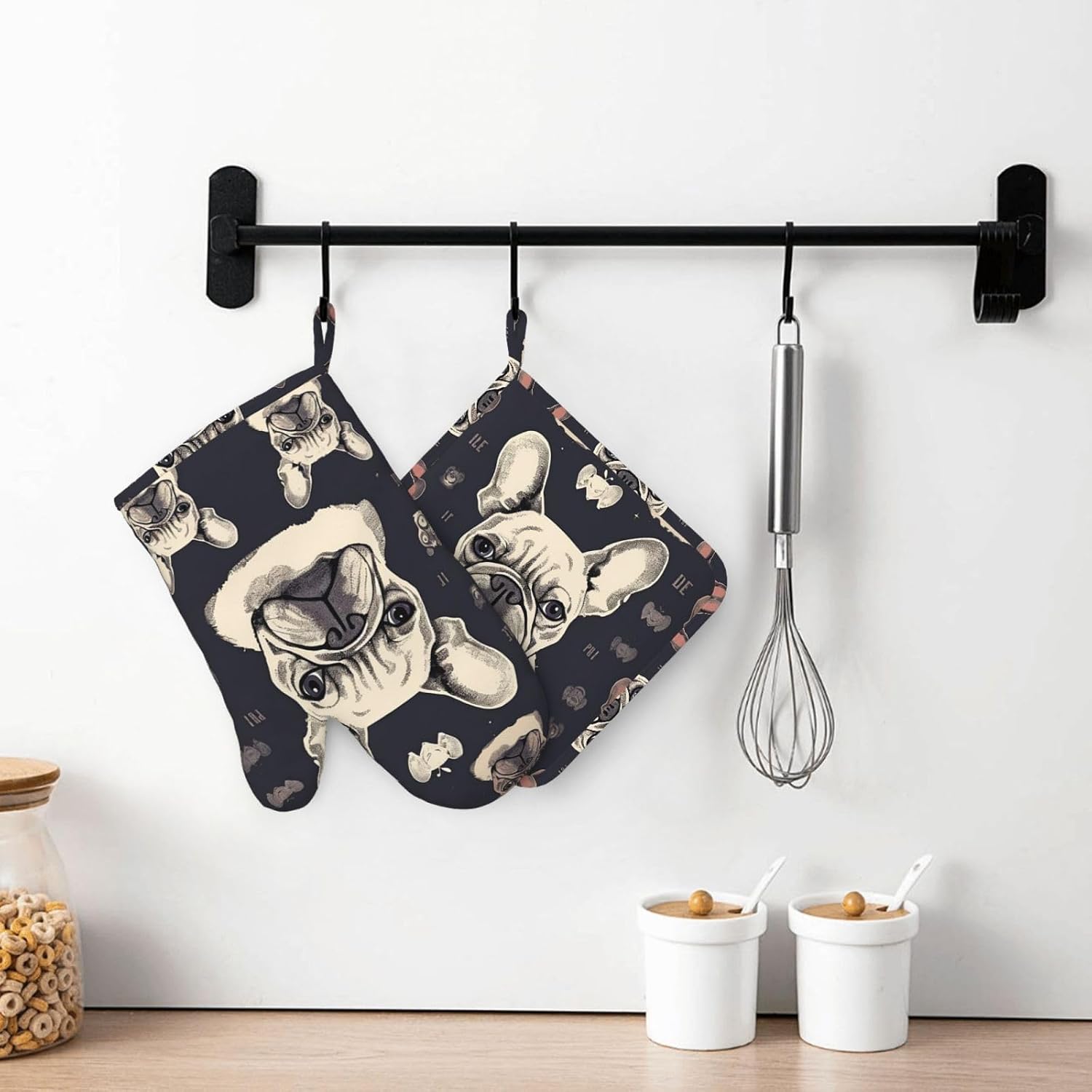 2 Pcs Silicone Oven Mitts and Pot Holders Set I Love French Bulldog Oven Glove and Potholders Silicone Heat Resistant BBQ Gloves Hot Pads Cooking Gloves for Kitchen Baking Grilling