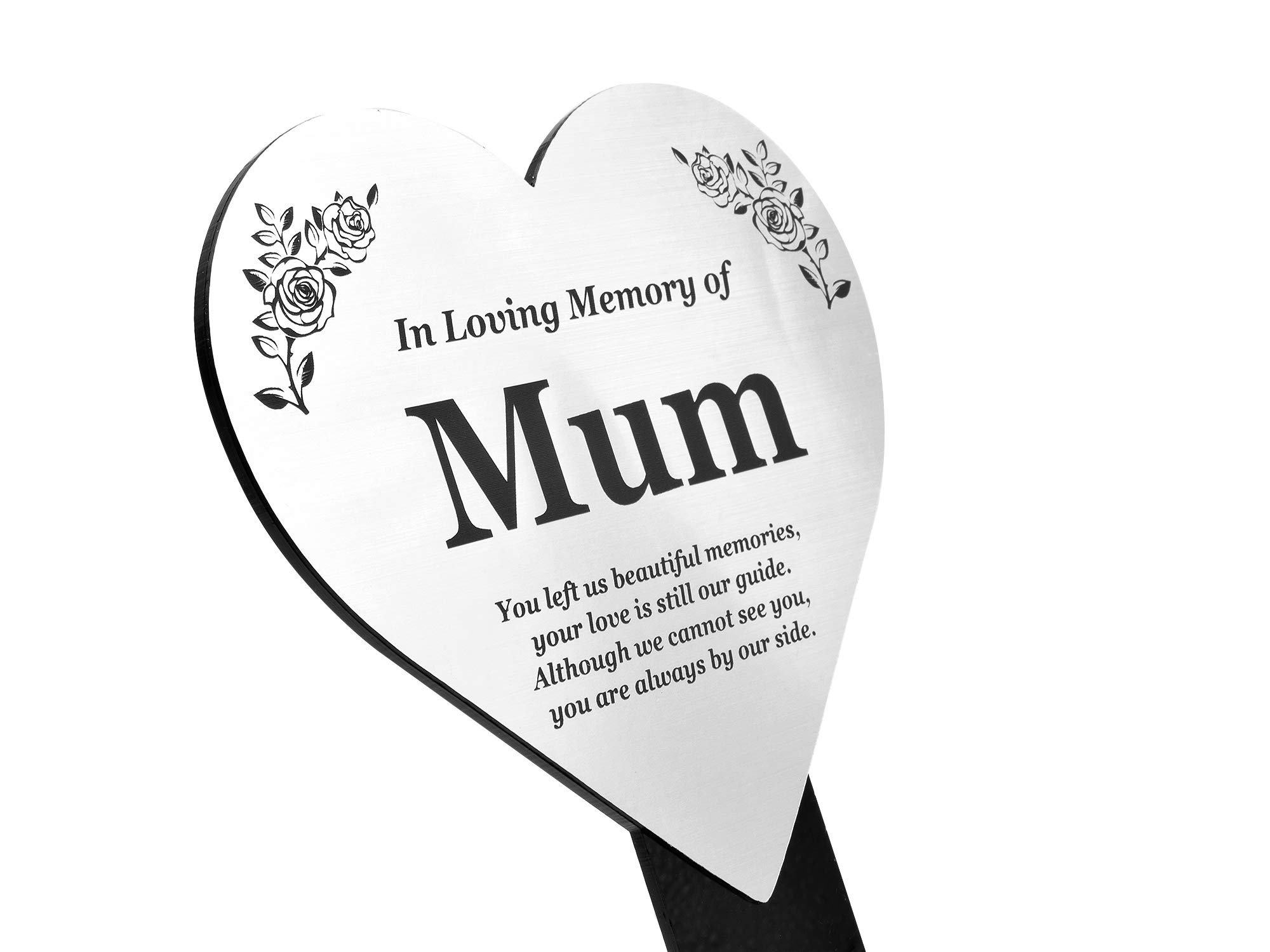 MUM Heart Memorial Remembrance Plaque Stake - Metallic SILVER Acrylic, Waterproof, Outdoor, Grave Marker, Tribute, Plant Marker