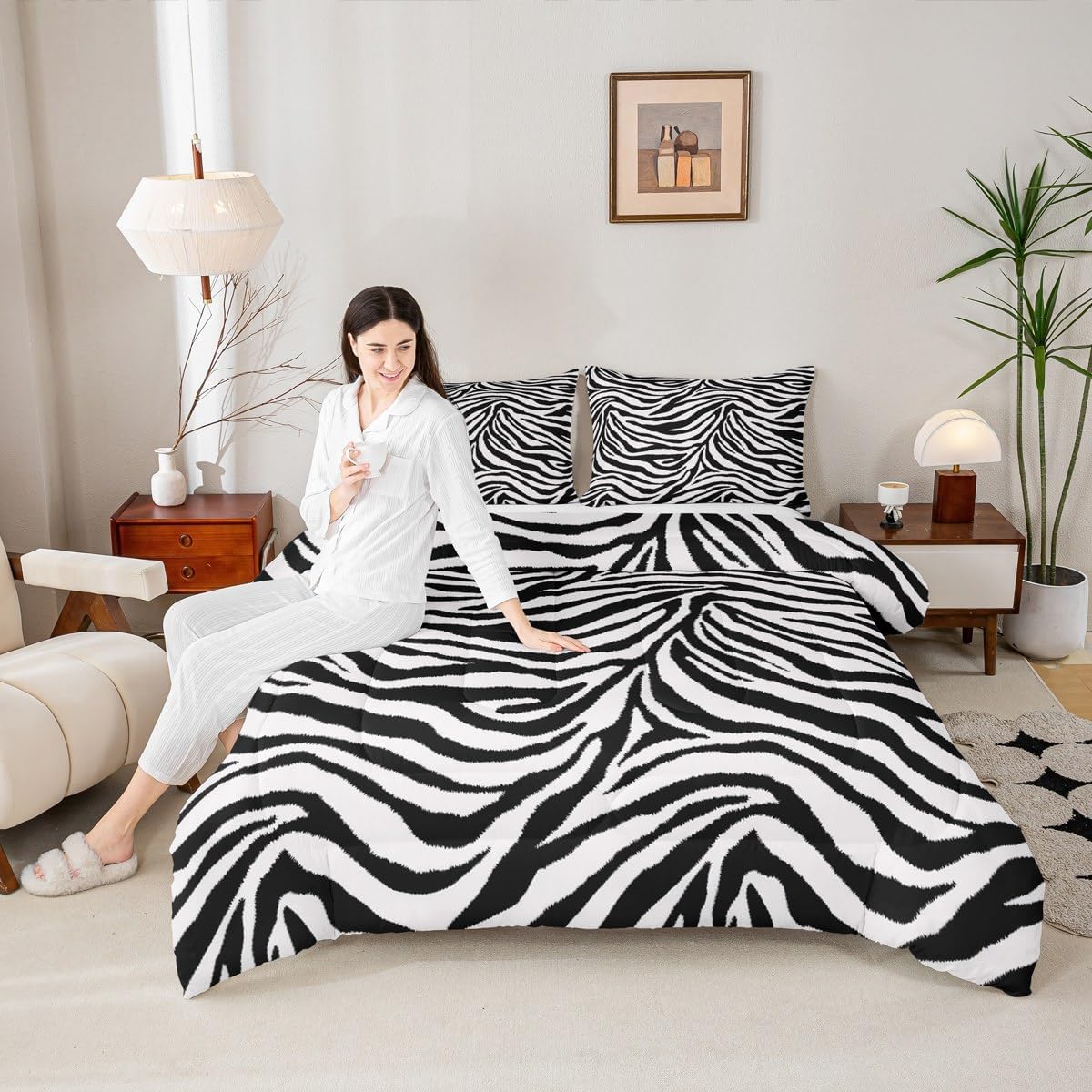 Castle Fairy Zebra Skin Comforter Set Queen Size,Africa Wildlife Design Comforter Set Room Decor,Tiger Skin Animal Print Duvet Set,Black and White Bedding Decor with 2 Pillow Case