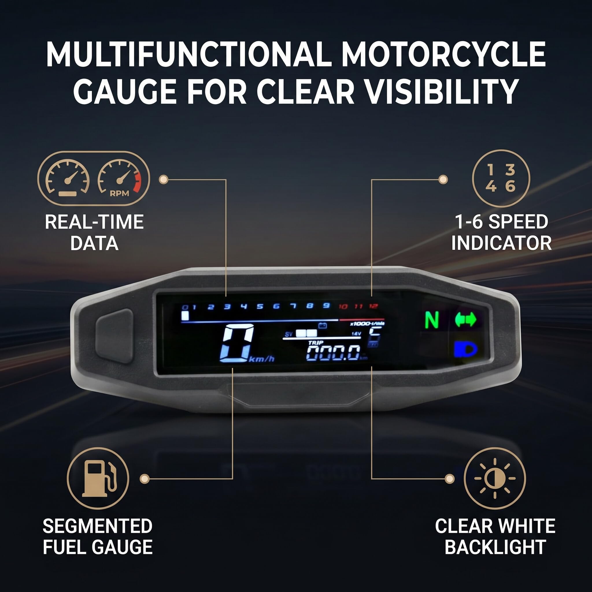 Shkalacar Cyfrowy tachometr motocyklowy, obrotomierz z wyświetlaczem LCD 1-6 biegów, kierunkowskaz, podświetlenie, licznik kilometrów i gaźnik do większości modeli motocykli (z kablem)