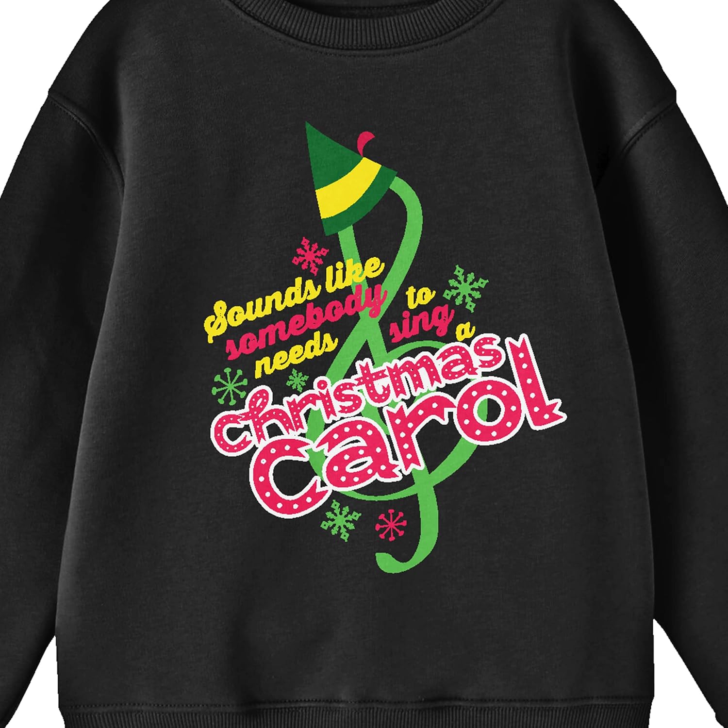 Bioworld Elf Sounds Like Somebody Needs to Sing a Christmas Carol Youth Black Crew Neck Sweatshirt