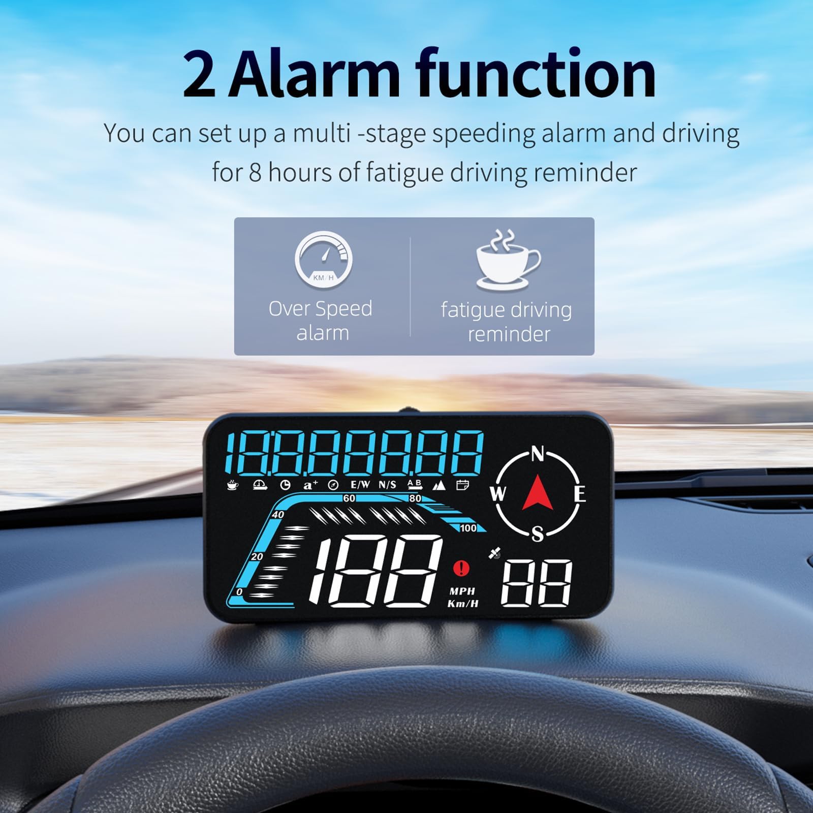 Ampio display Screen Car Head up, KM/H e MPH, AMROOLOO GPS, tachimetro con promemoria di velocità e fatica, adatto per tutti i veicoli